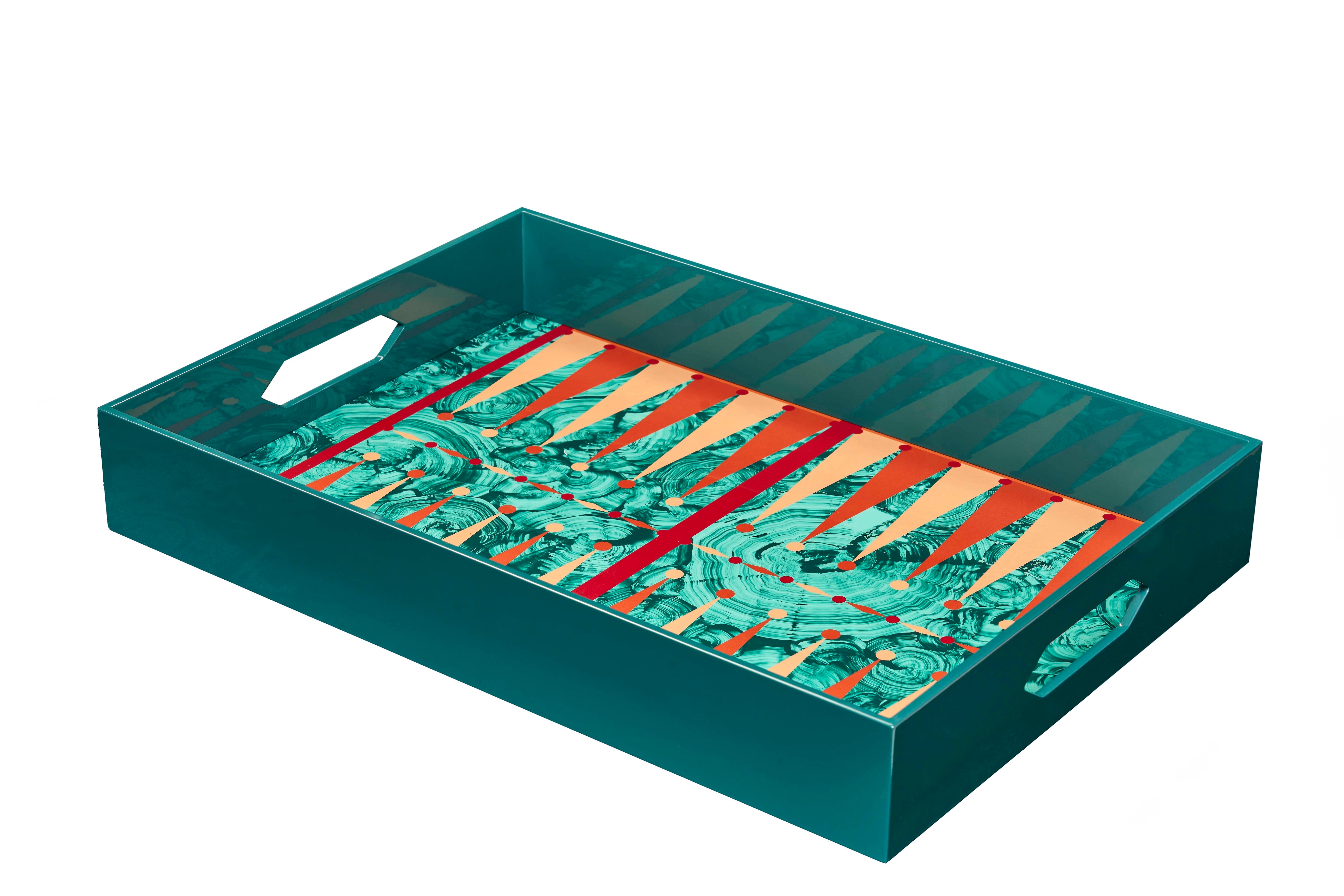 Hand Painted Malachite Backgammon Tray - Red