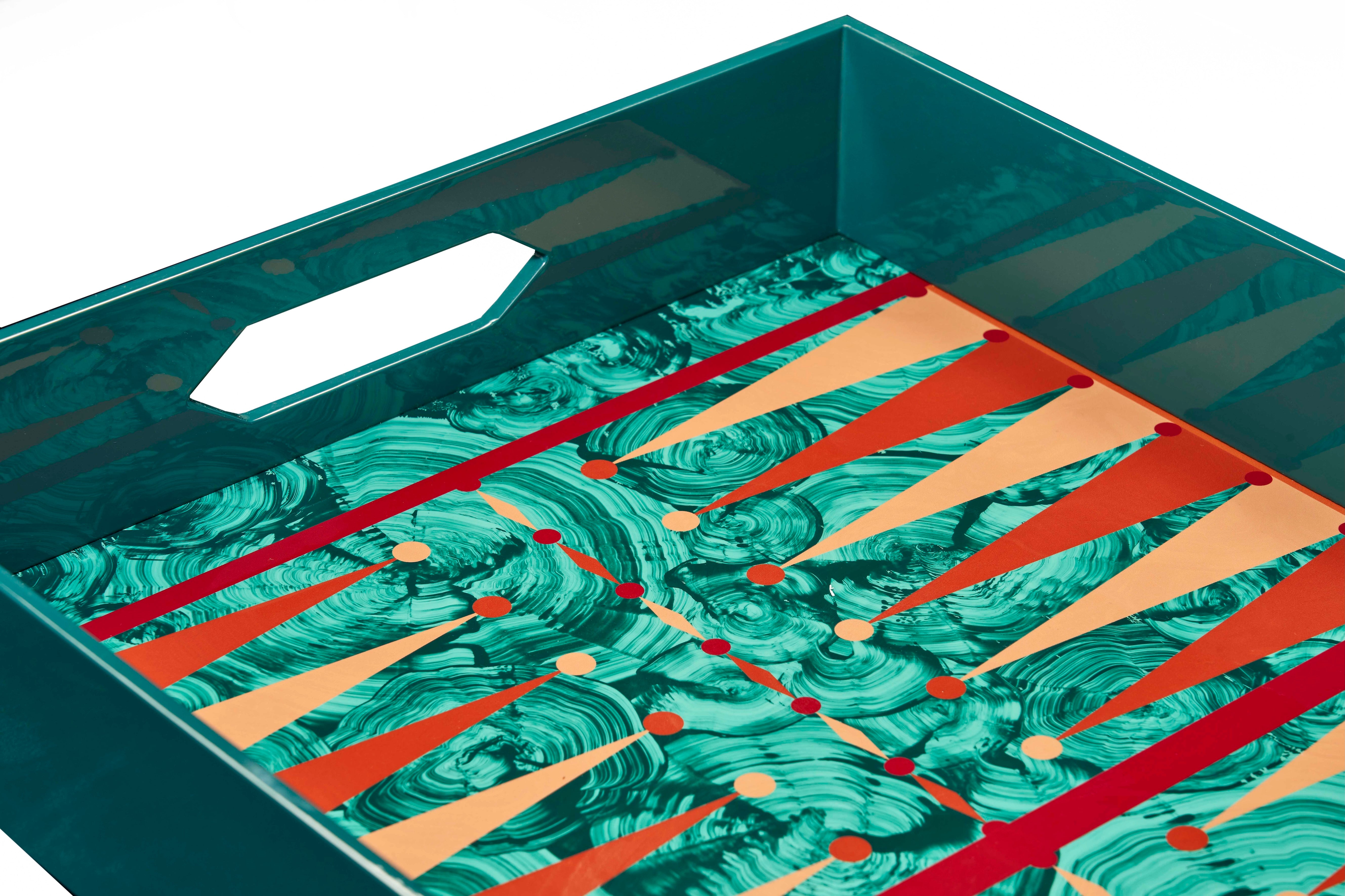 Hand Painted Malachite Backgammon Tray - Red