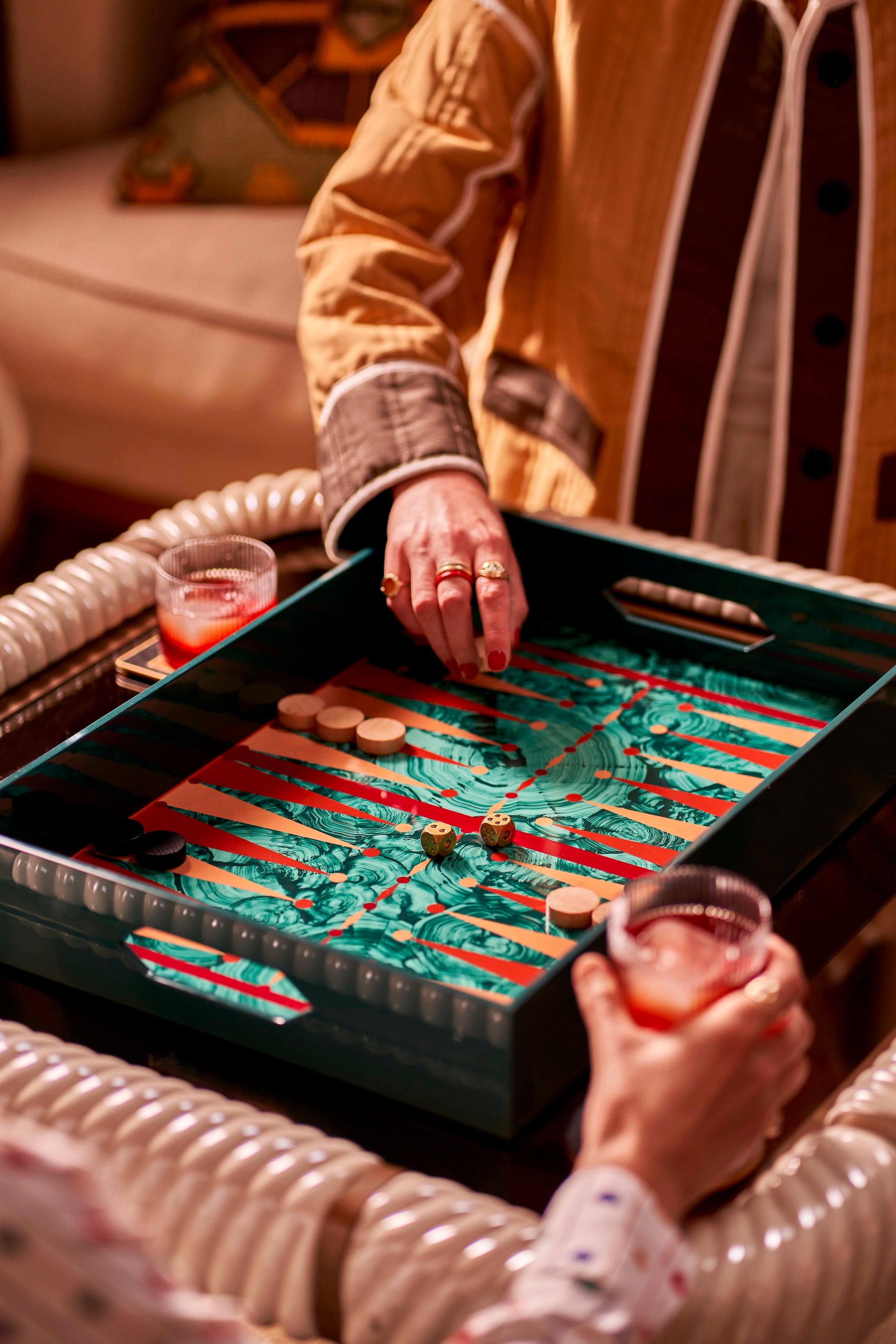 Hand Painted Malachite Backgammon Tray - Red