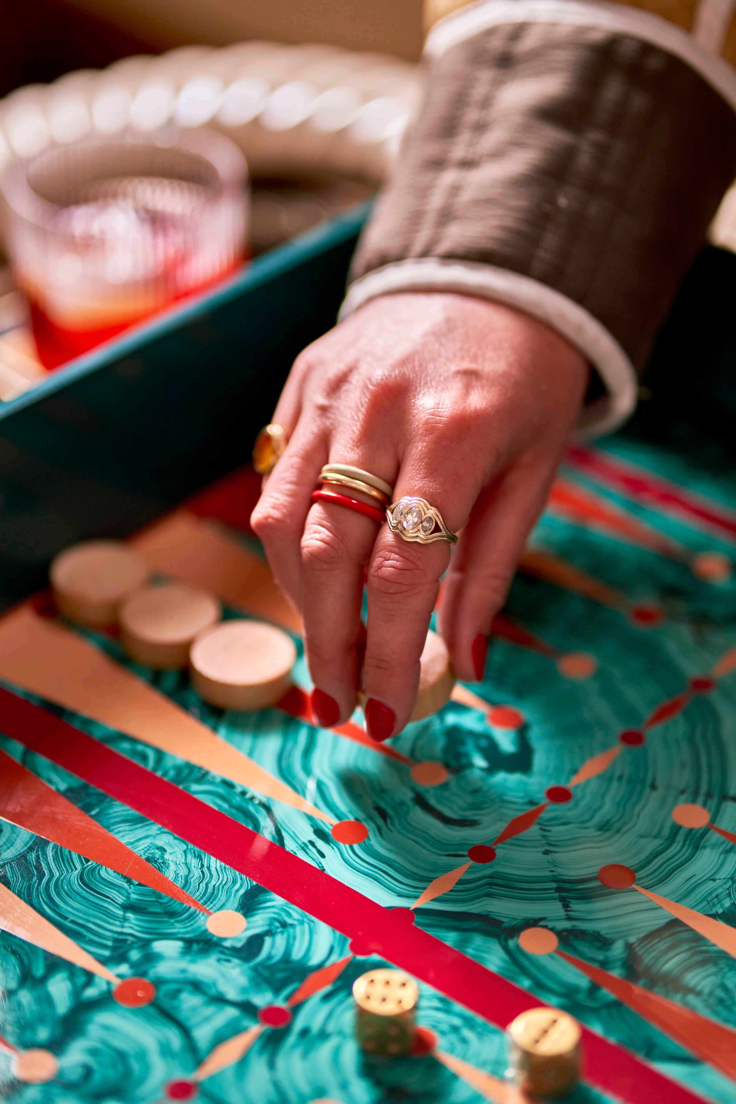 Hand Painted Malachite Backgammon Tray - Red