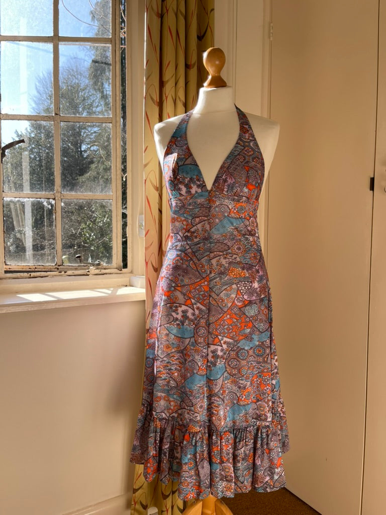 Vintage Print Halter Dress