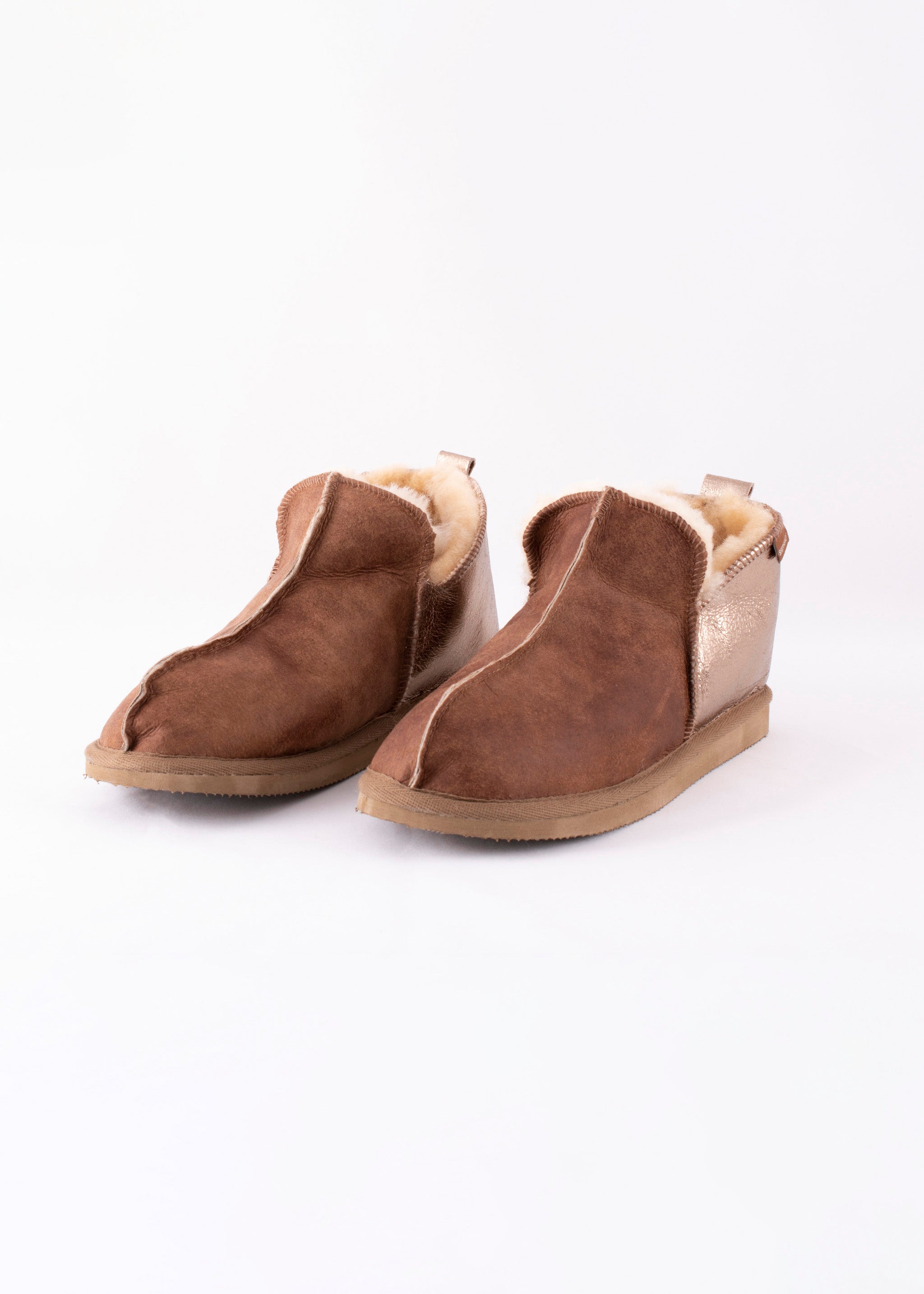 Annie Sheepskin Booties Slippers - Antique Cognac & Gold