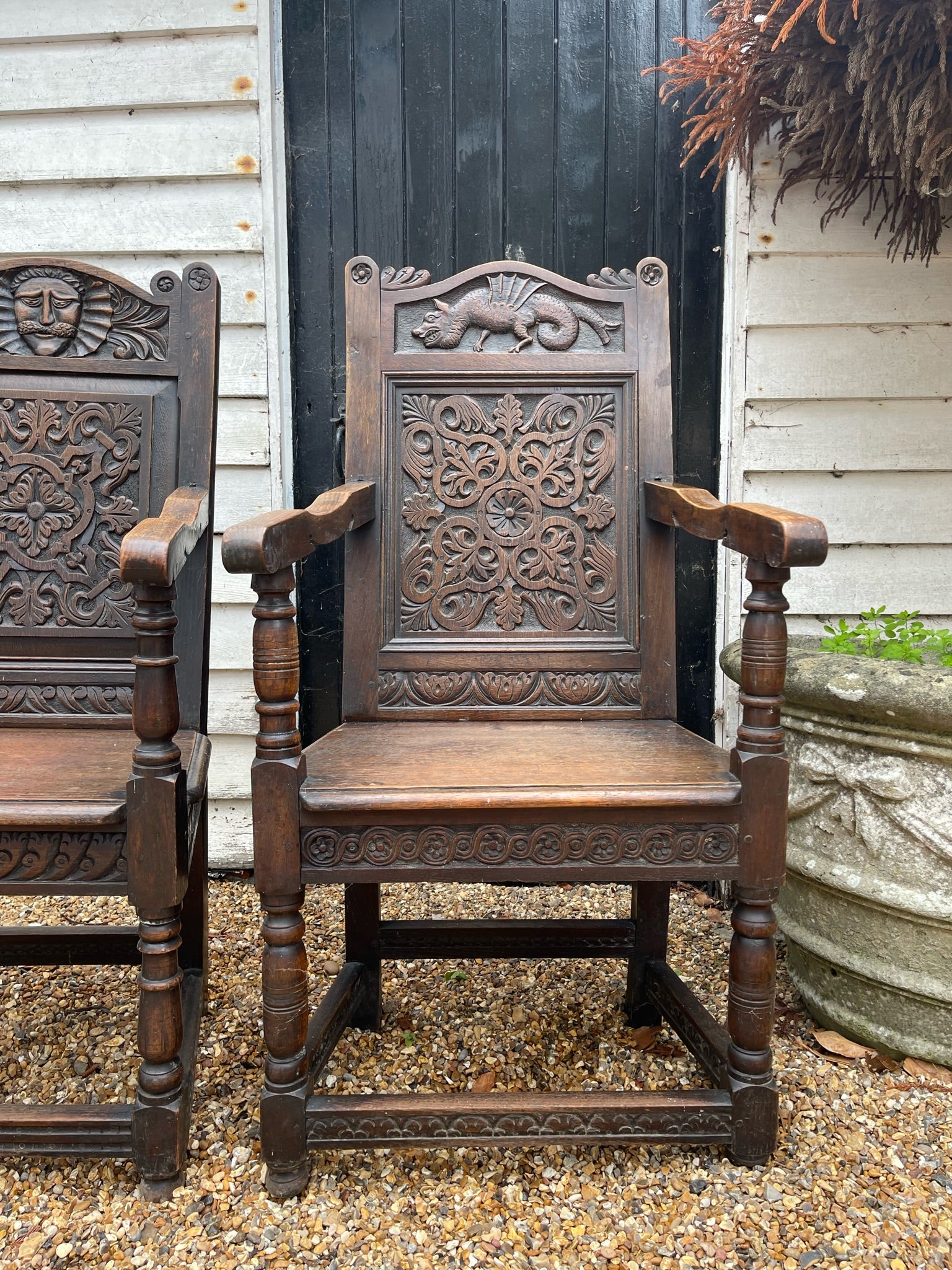 Antique Carved Dragon Wainscot Chair