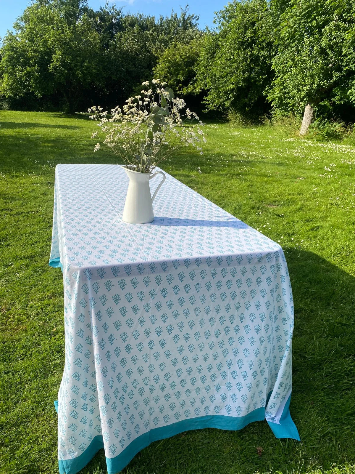 Blue Coral Indian Block Print Tablecloth