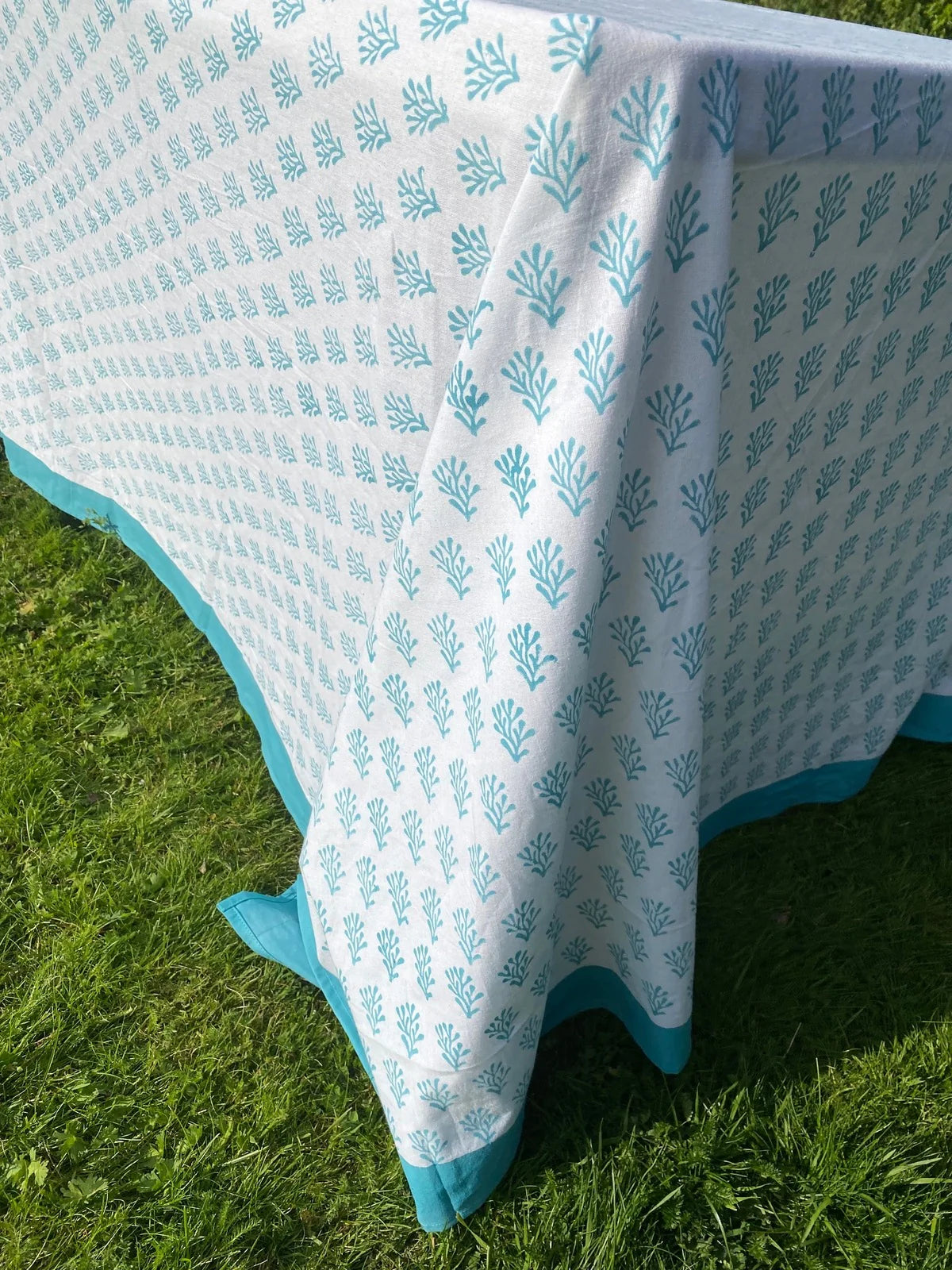 Blue Coral Indian Block Print Tablecloth