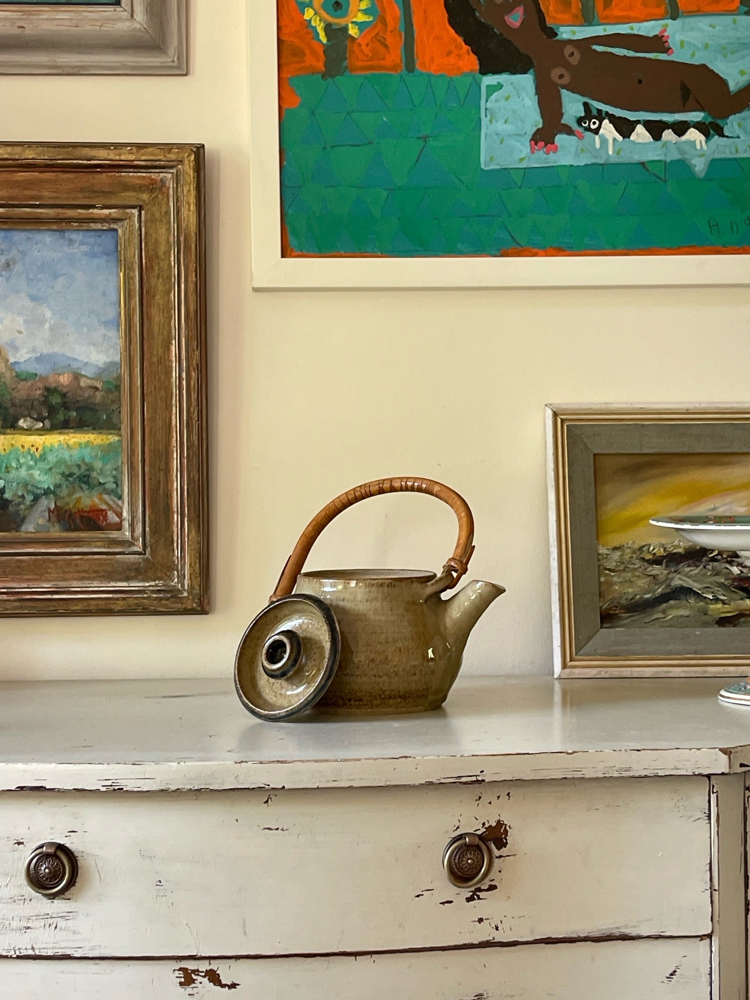 Green Glazed Teapot with Bamboo Handle