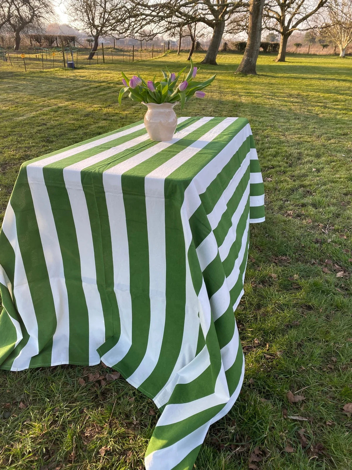 Green Stripe Indian Block Print Tablecloth