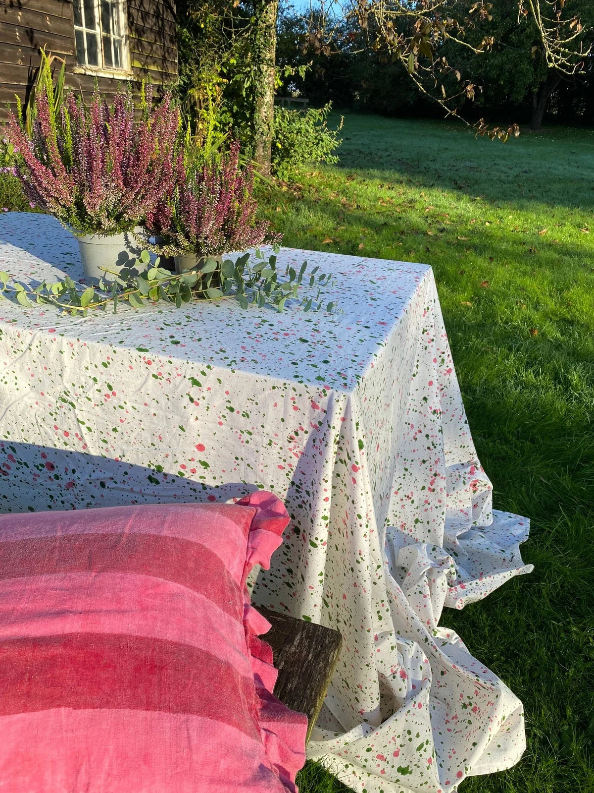 Green & Pink Splatter Indian Block Print Tablecloth