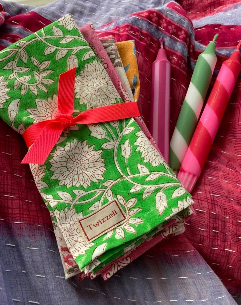 Green & White Floral Indian Block Print Napkins - Set of 4