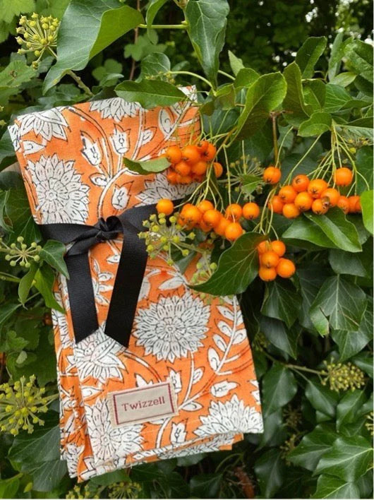 Orange & White Floral Indian Block Print Napkins - Set of 4