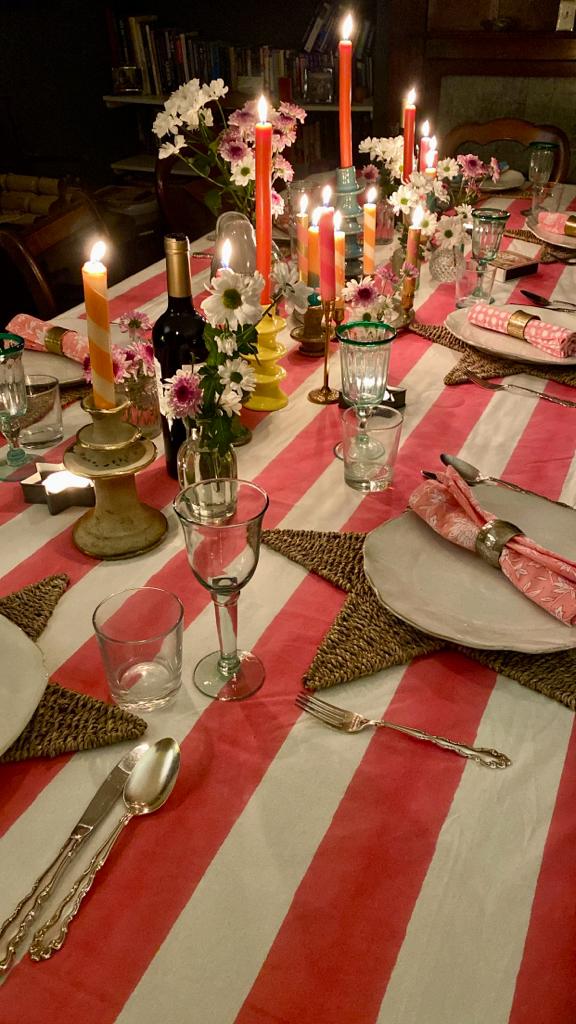 Pink Stripe Indian Block Print Tablecloth