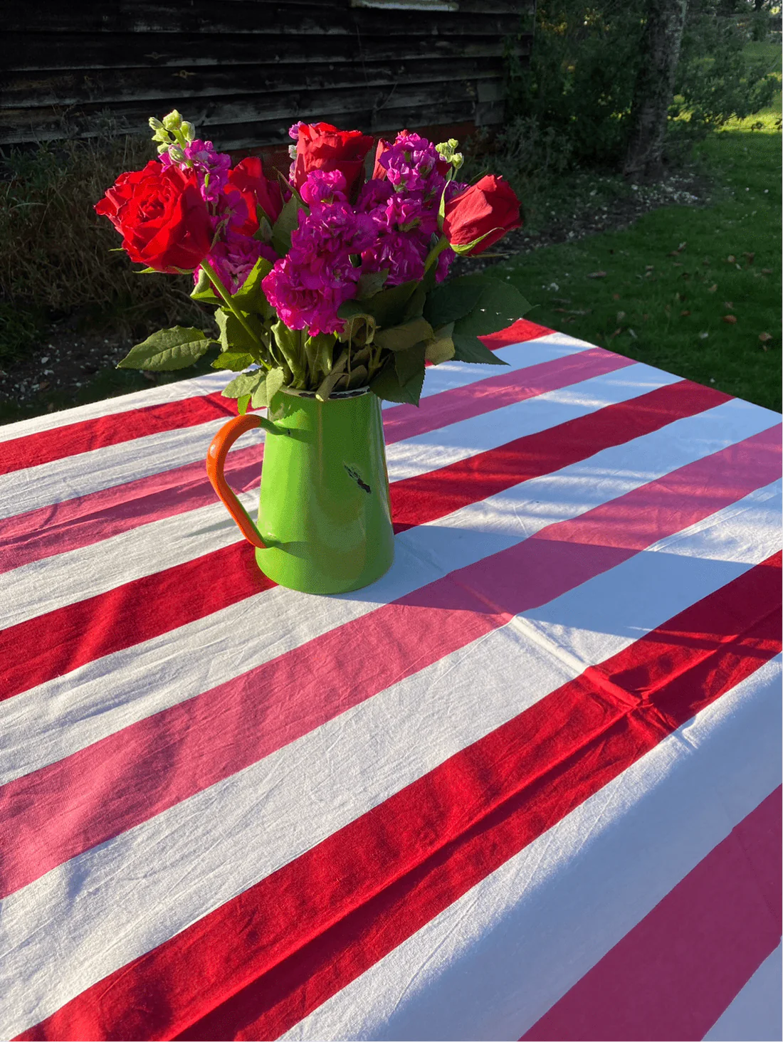 Red, White & Pink Stripe Indian Block Print Tablecloth