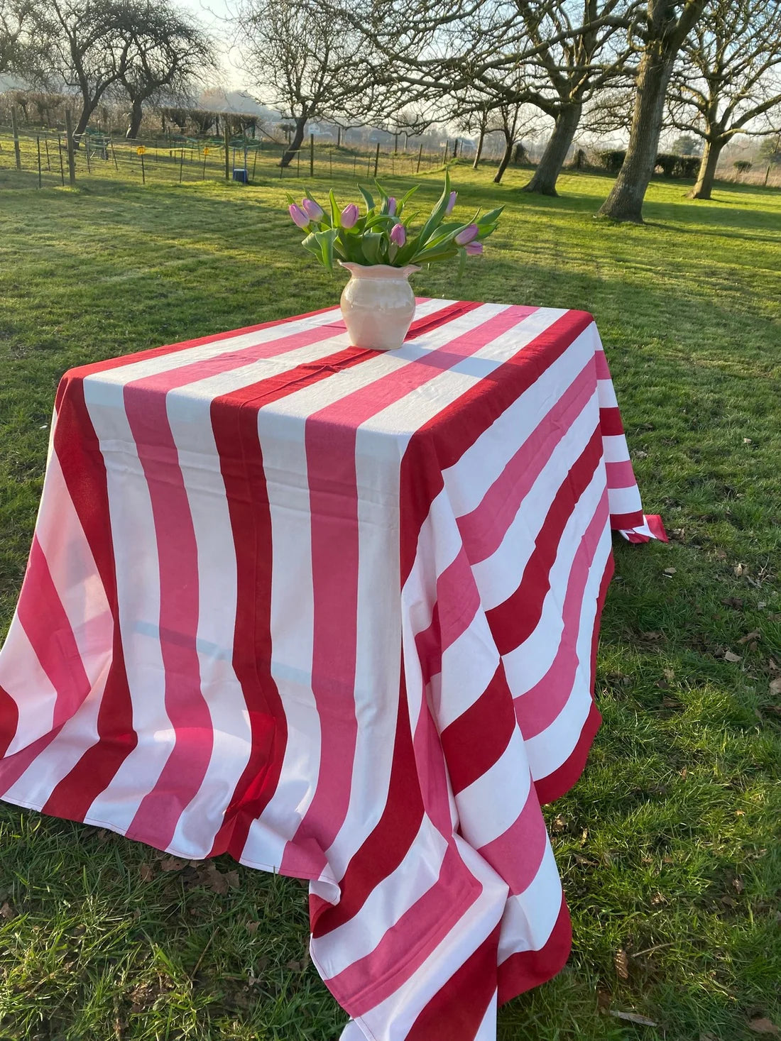 Red, White & Pink Stripe Indian Block Print Tablecloth