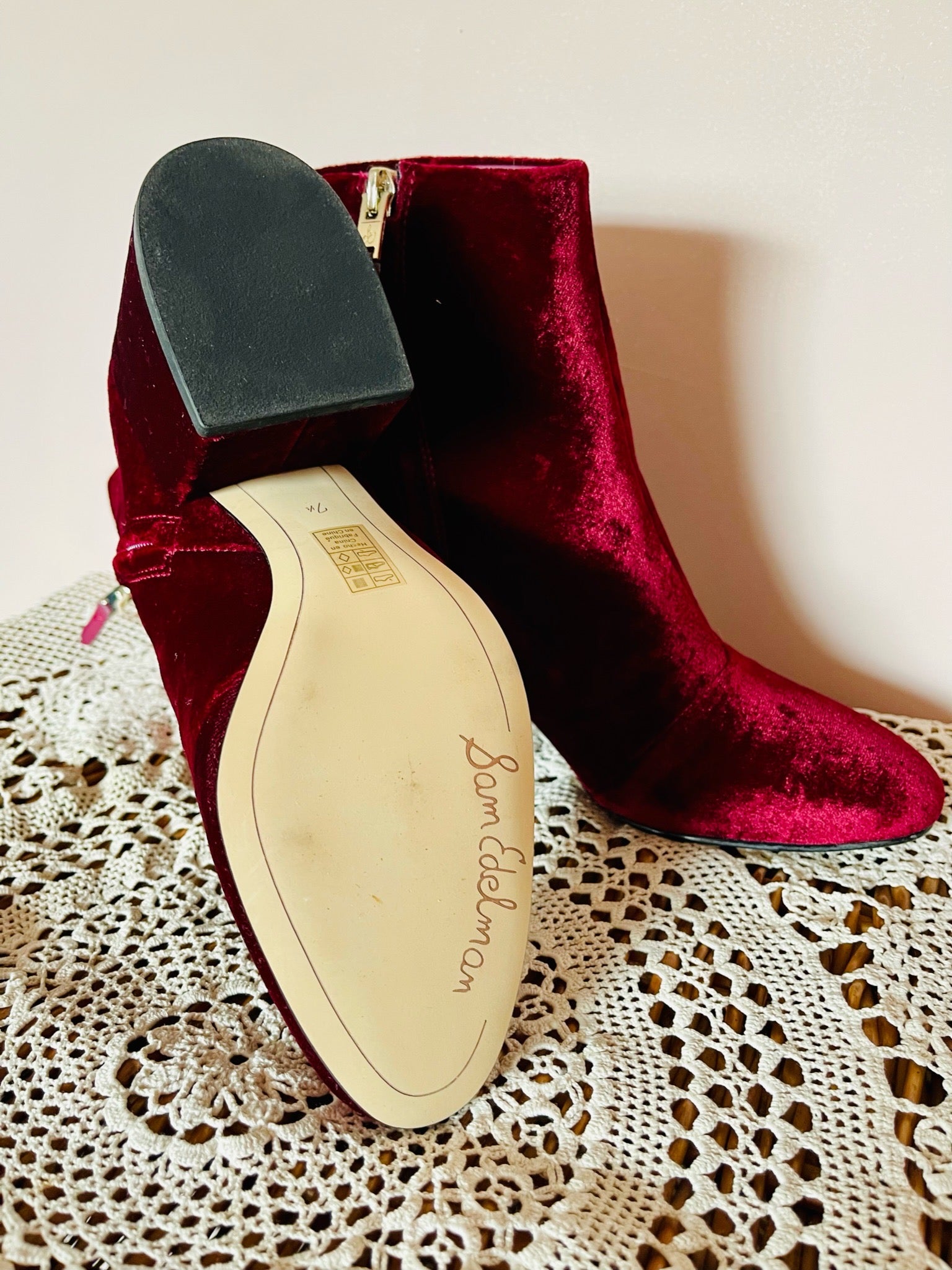 Sam Edelman Red Velvet Block Heel Boots