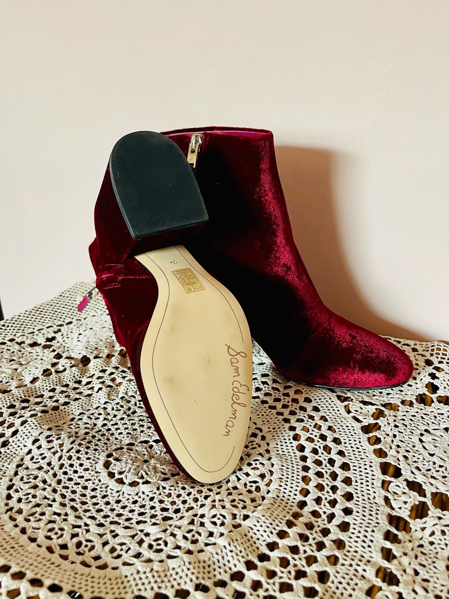 Sam Edelman Red Velvet Block Heel Boots