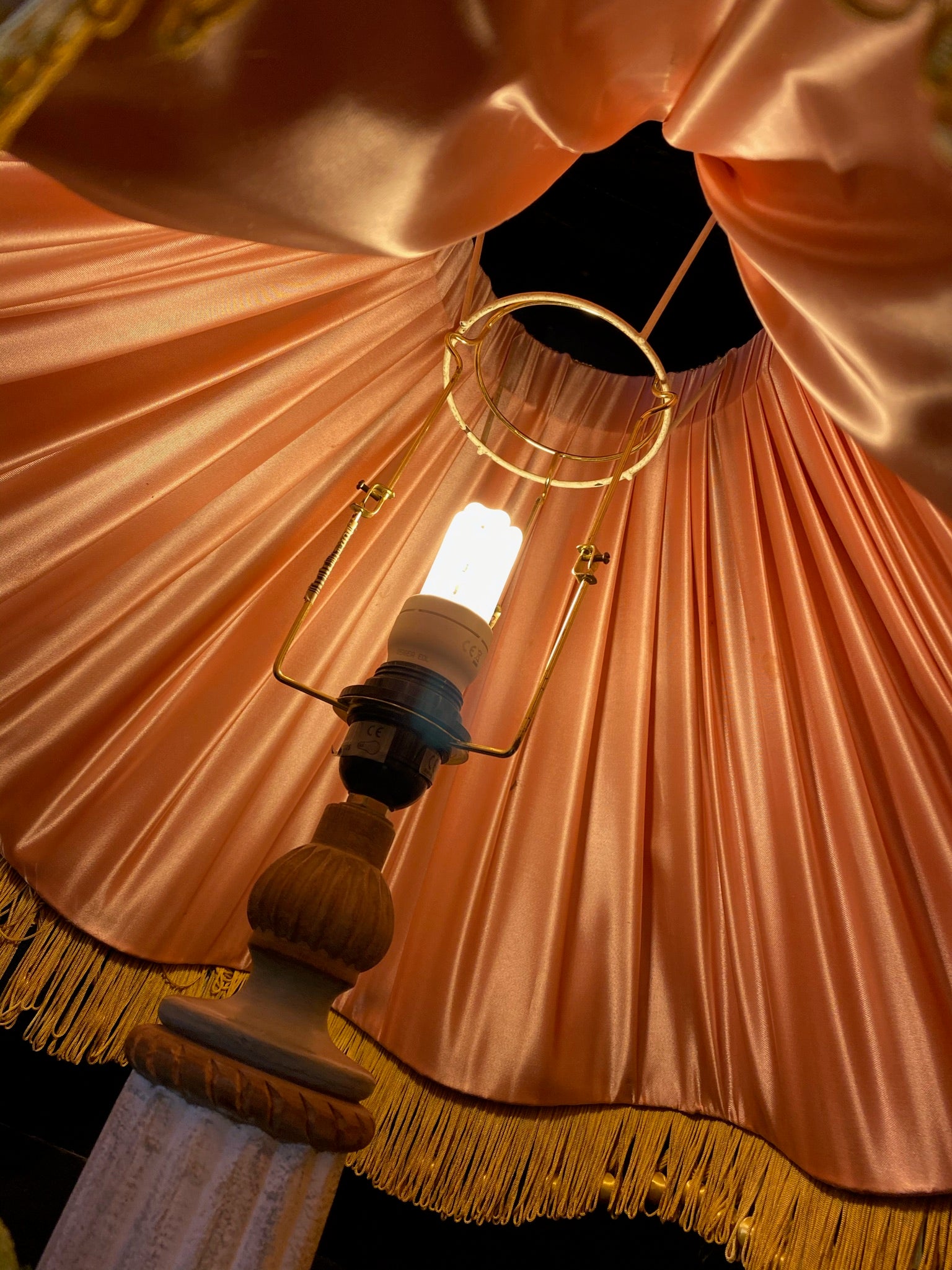 Vintage Pink Chiffon Lampshade with Bobble Fringe