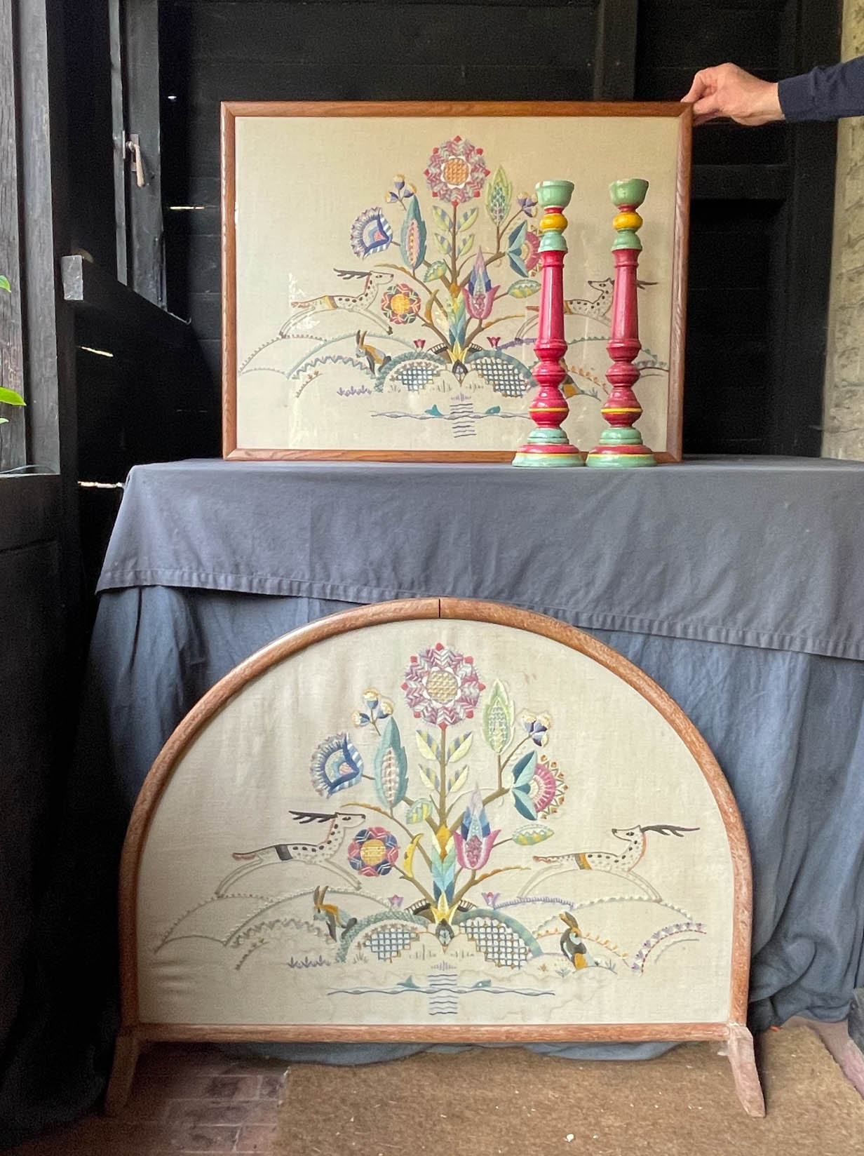 Hand Crewel Embroidered Fire Screen & Framed