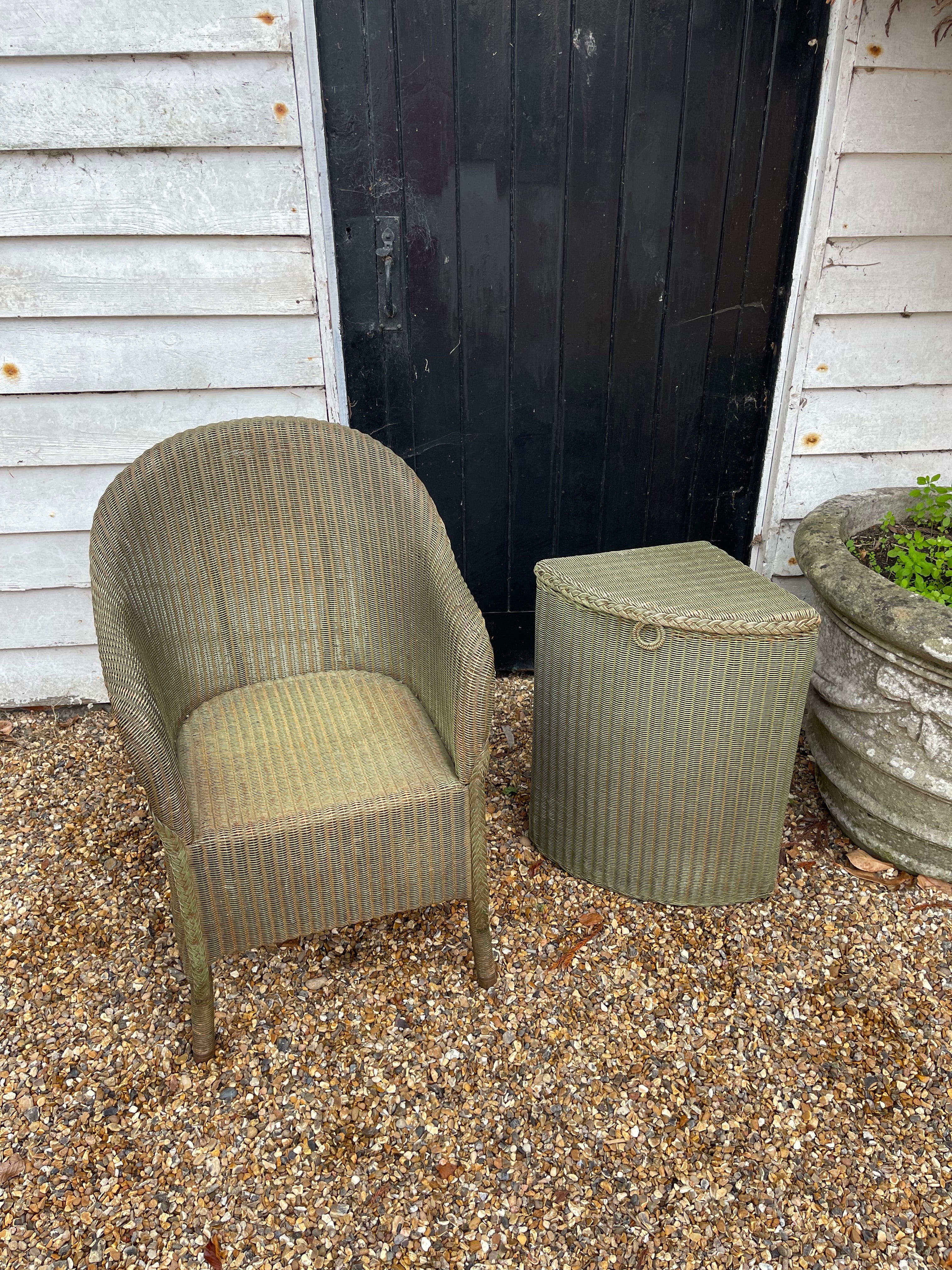 1930's Lloyd Loom Green Chair & Wash Basket