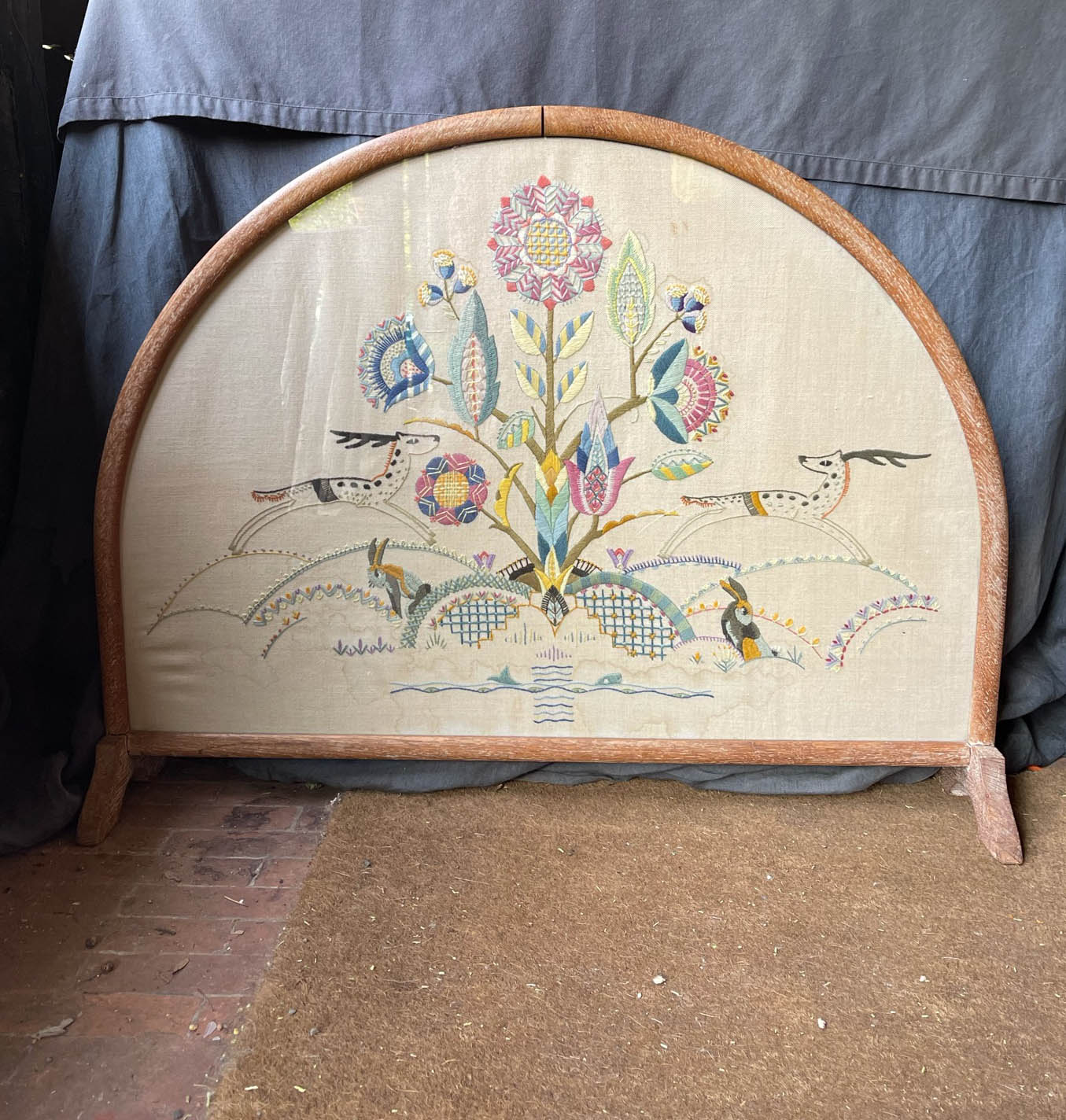 Hand Crewel Embroidered Fire Screen & Framed