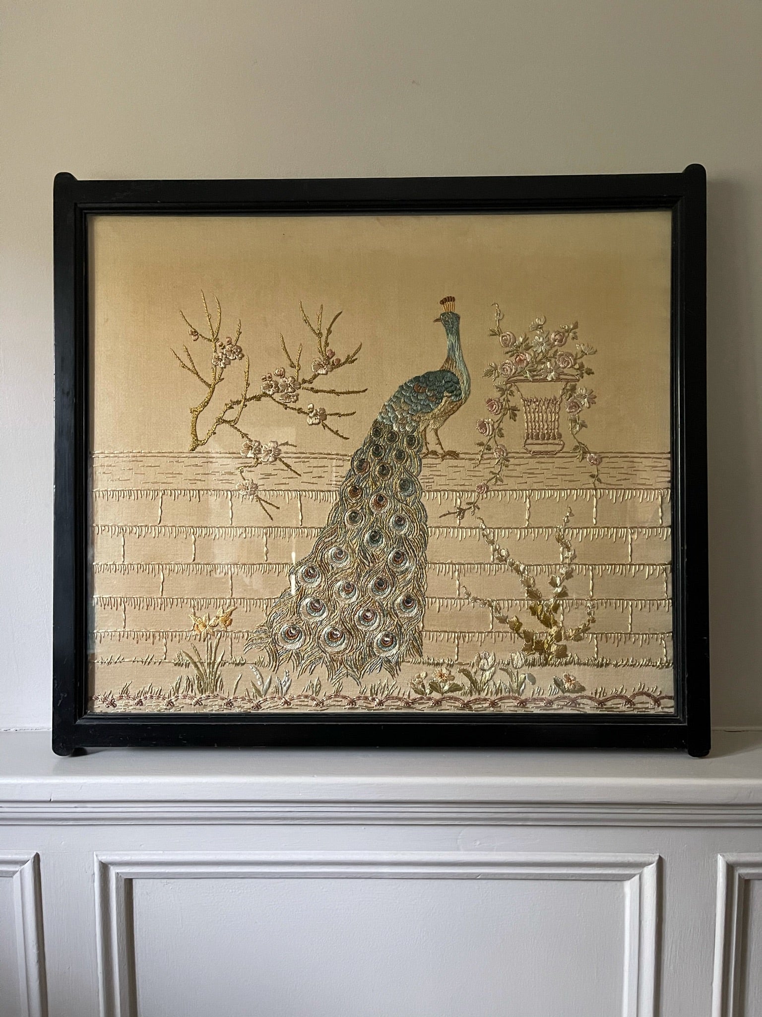 Antique Framed Silk Embroidered Peacock