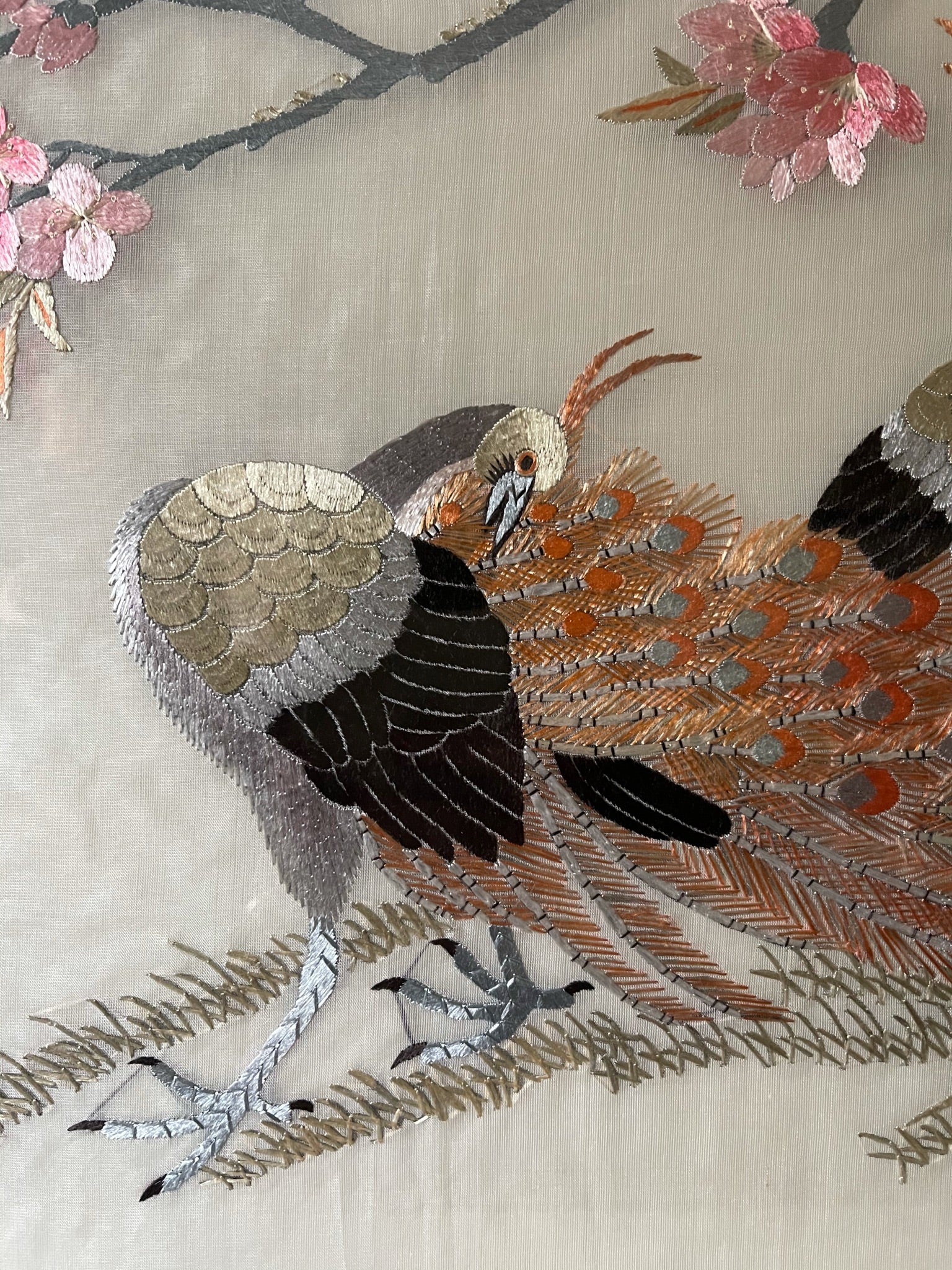 Two Peacocks - Antique Framed Silk Embroidery