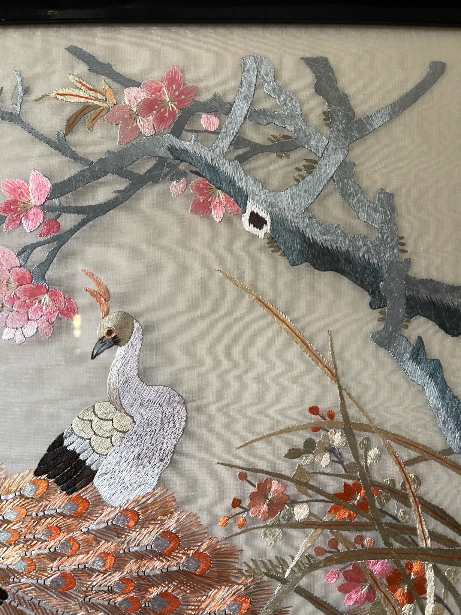 Two Peacocks - Antique Framed Silk Embroidery