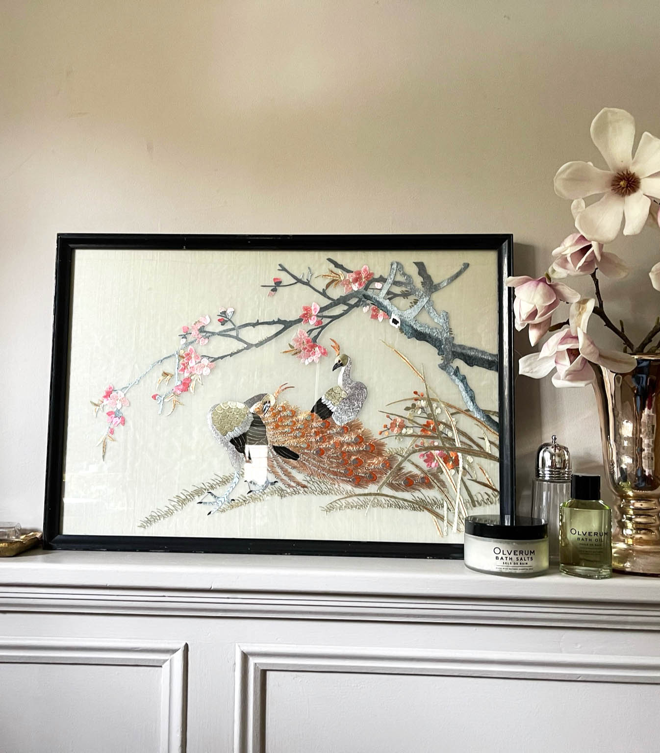 Two Peacocks - Antique Framed Silk Embroidery