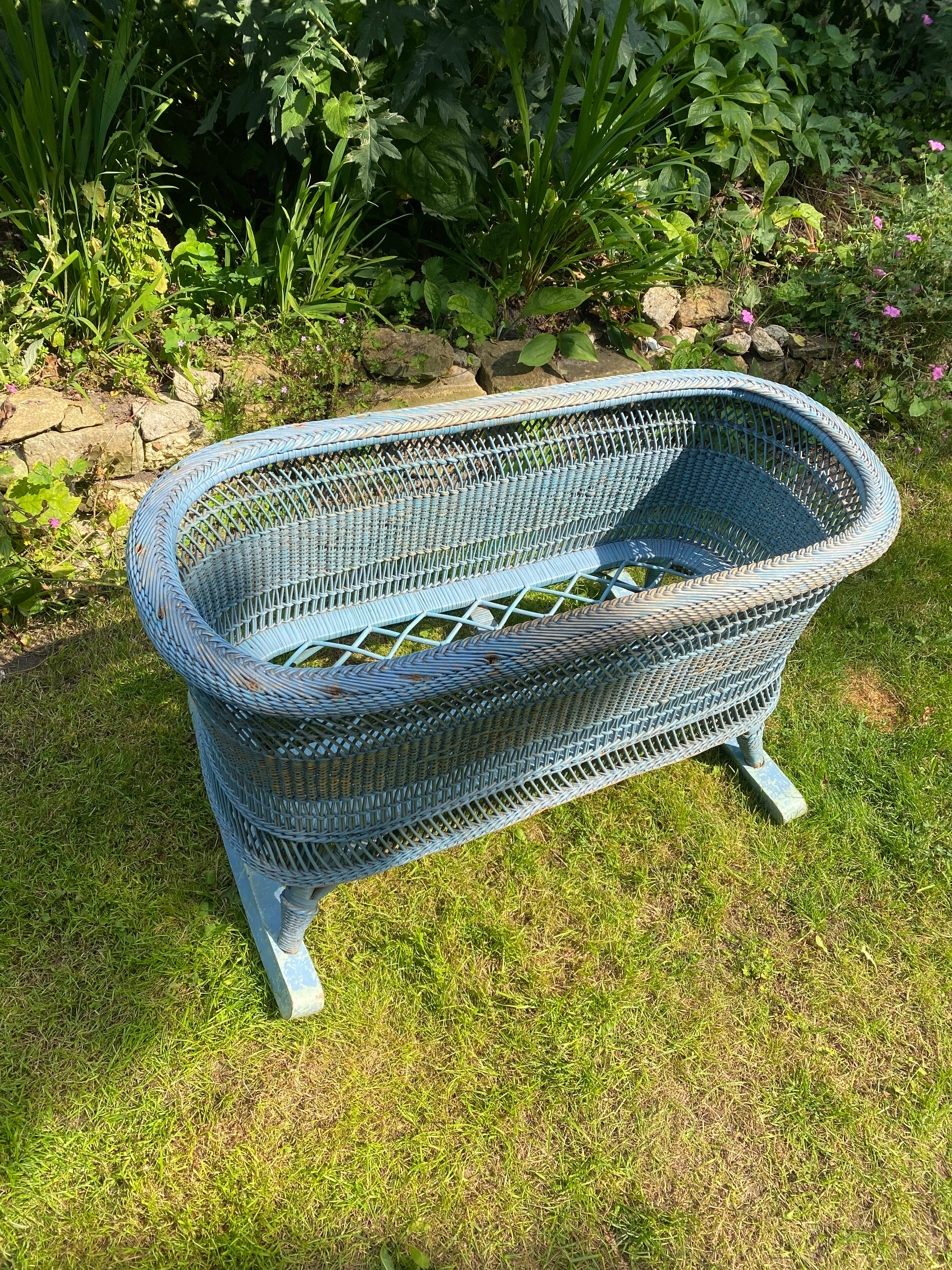 Vintage Blue Rattan Baby Cradle with Rockers