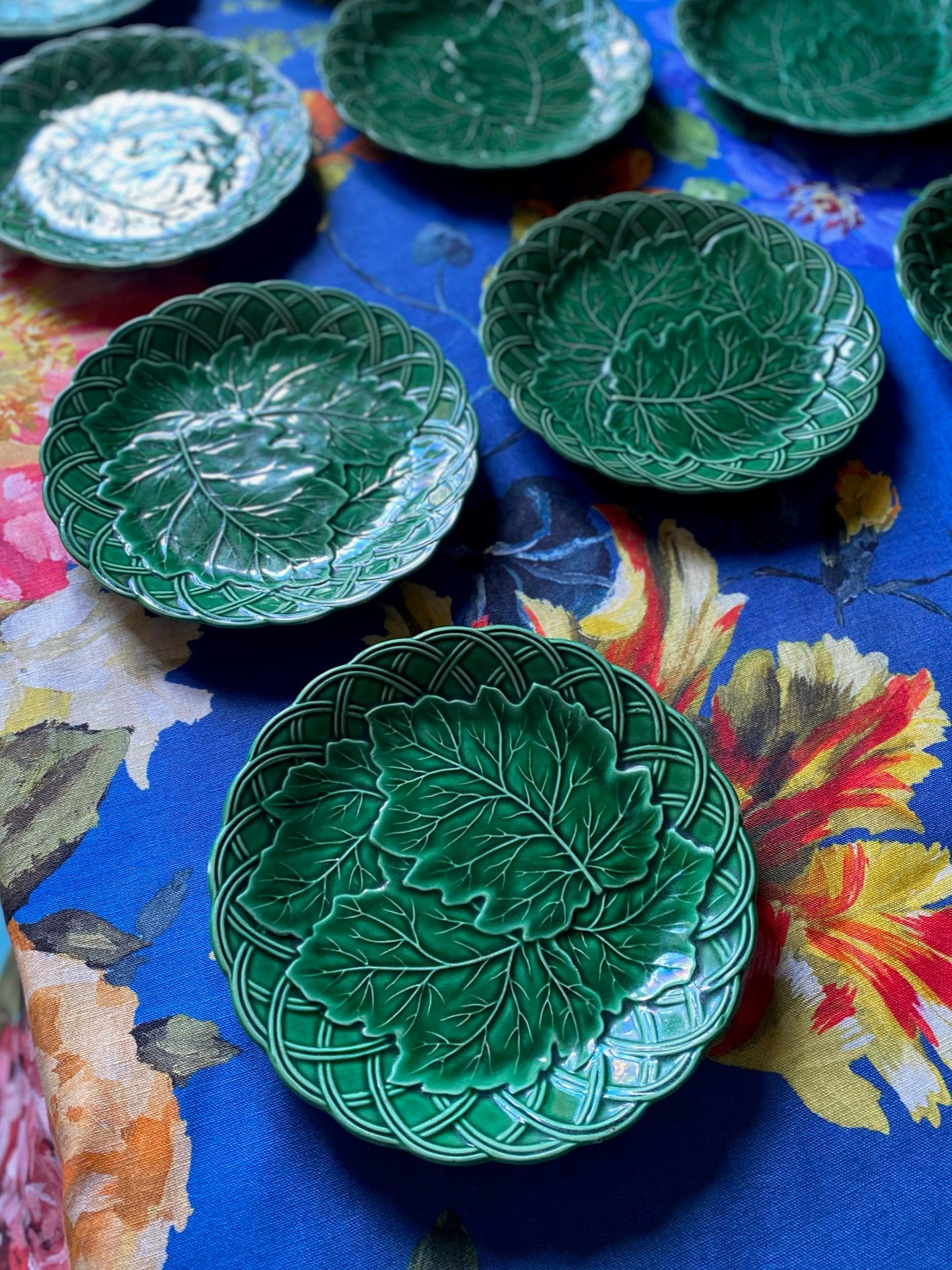 Antique Majolica Green Grape Leaf & Basket Salad Plate Set of 10