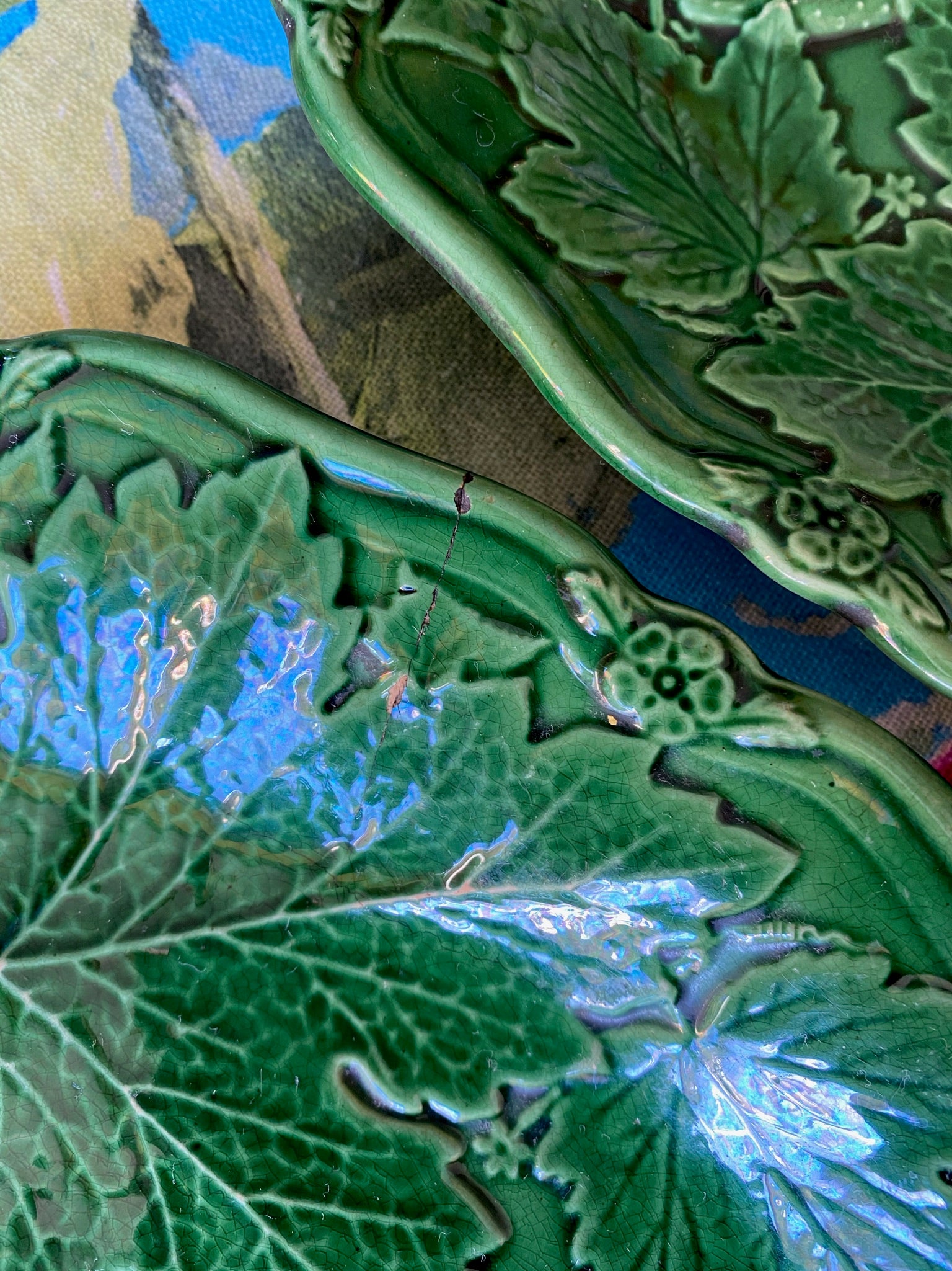 Pair of Antique Green Majolica Cucumber & Basket Serving Plates