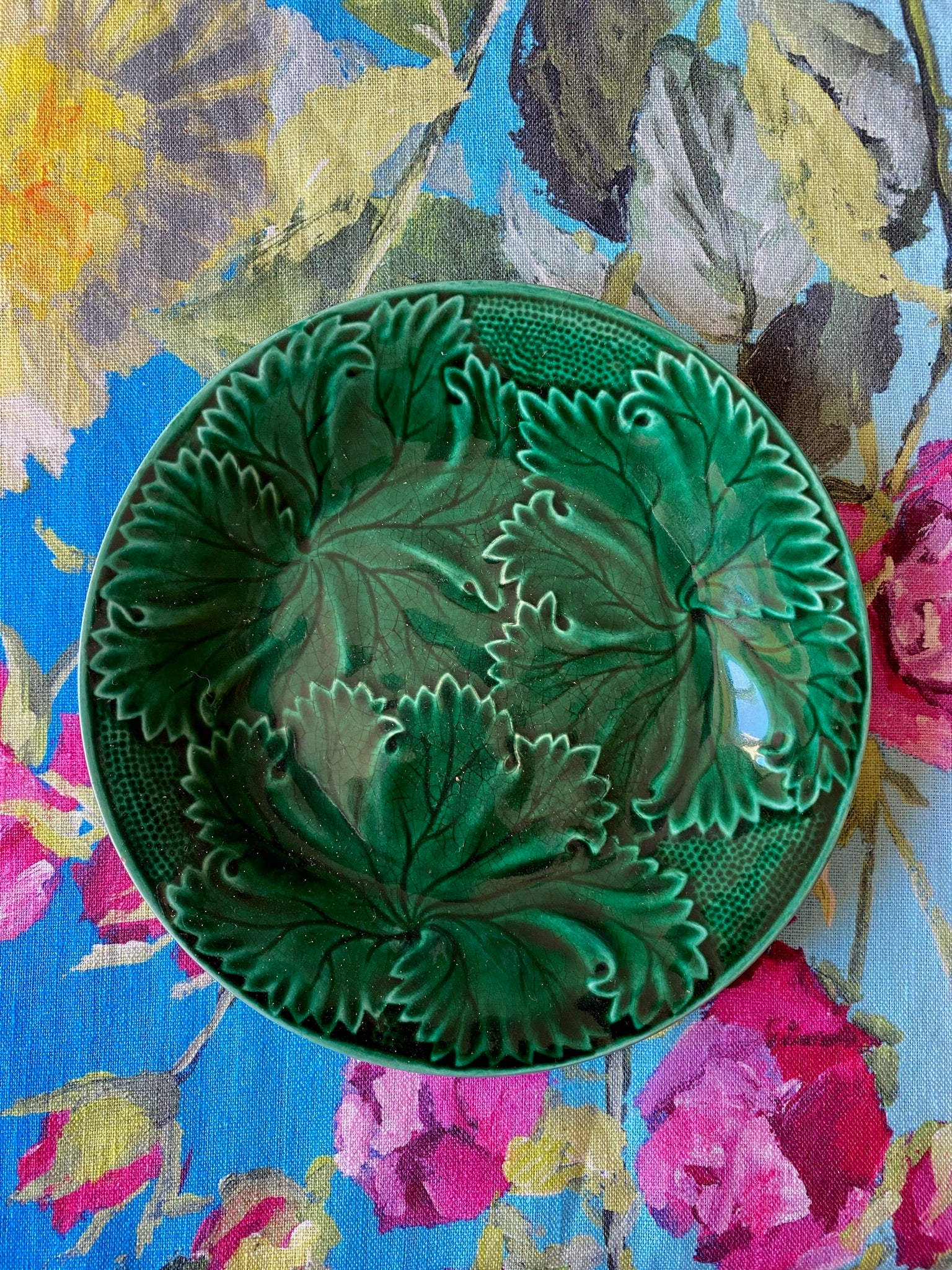 Antique Green Majolica Grape Leaves & Dots Plate