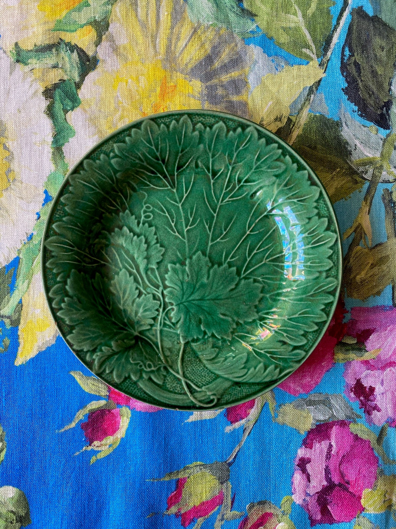 Antique Green Majolica Grapevine & Dots Plate