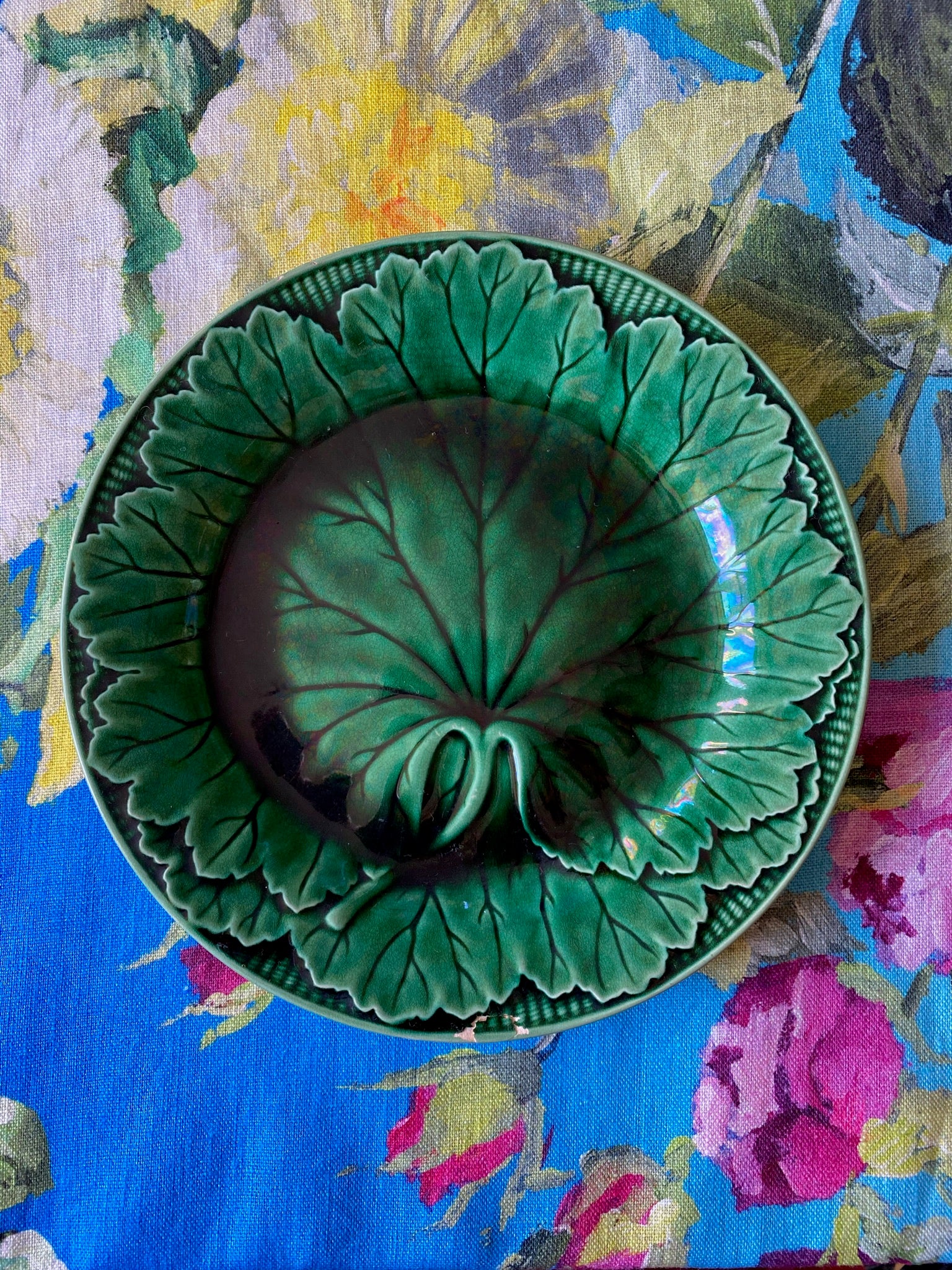 Antique Wedgwood Green Majolica Grape Leaf & Basket Plate