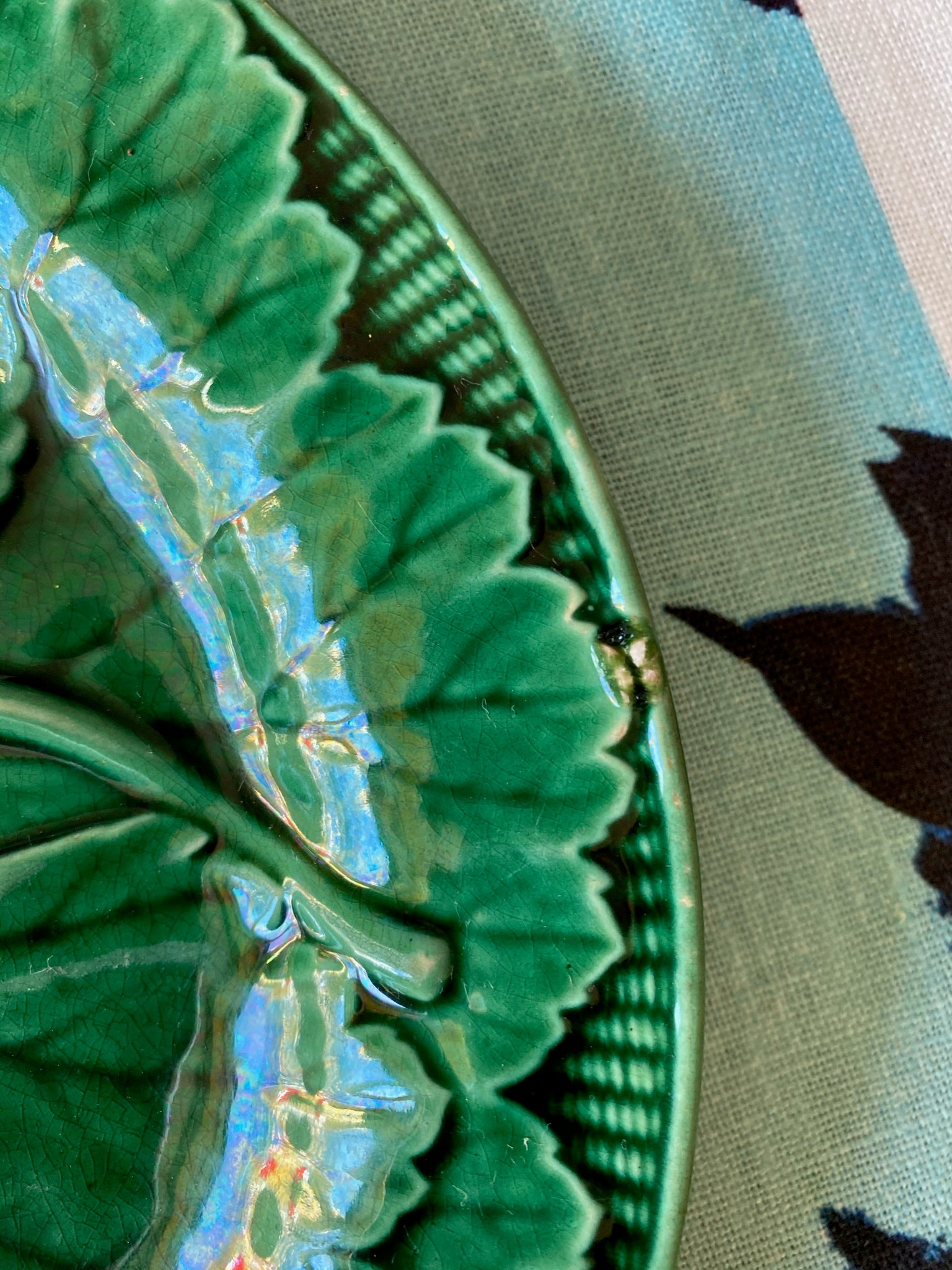 Antique Wedgwood Green Majolica Grape Leaf & Basket Plate