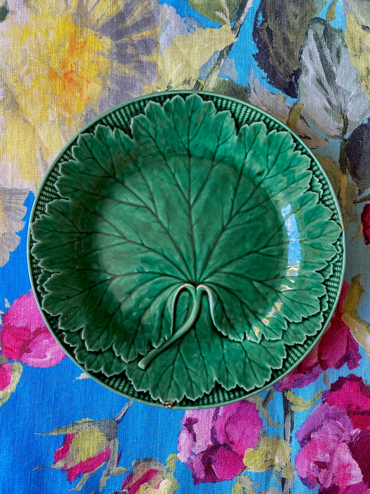 Antique Wedgwood Green Majolica Grape Leaf & Basket Plate