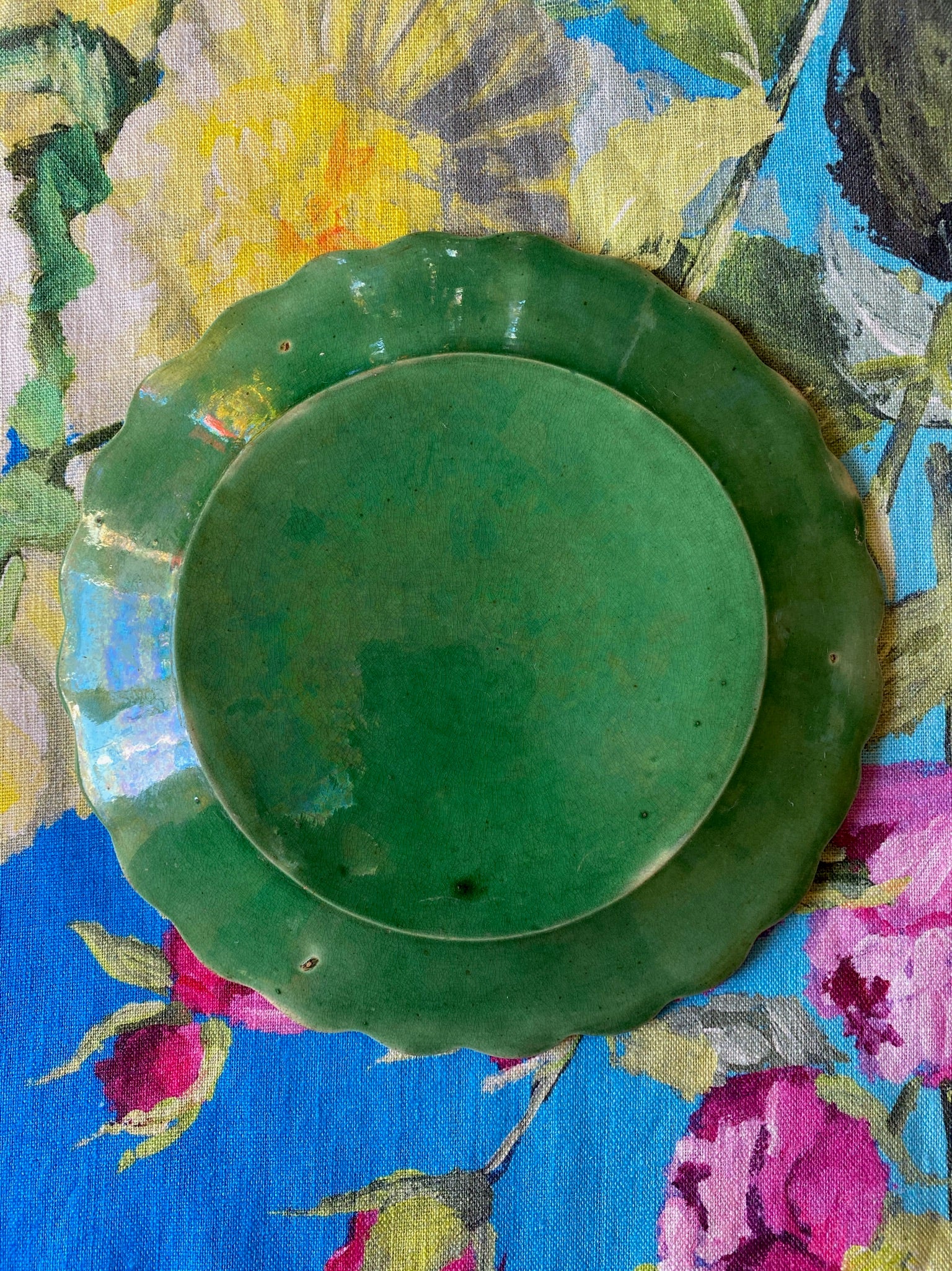 Antique Green Majolica Grape Leaves & Scalloped Basket Plate