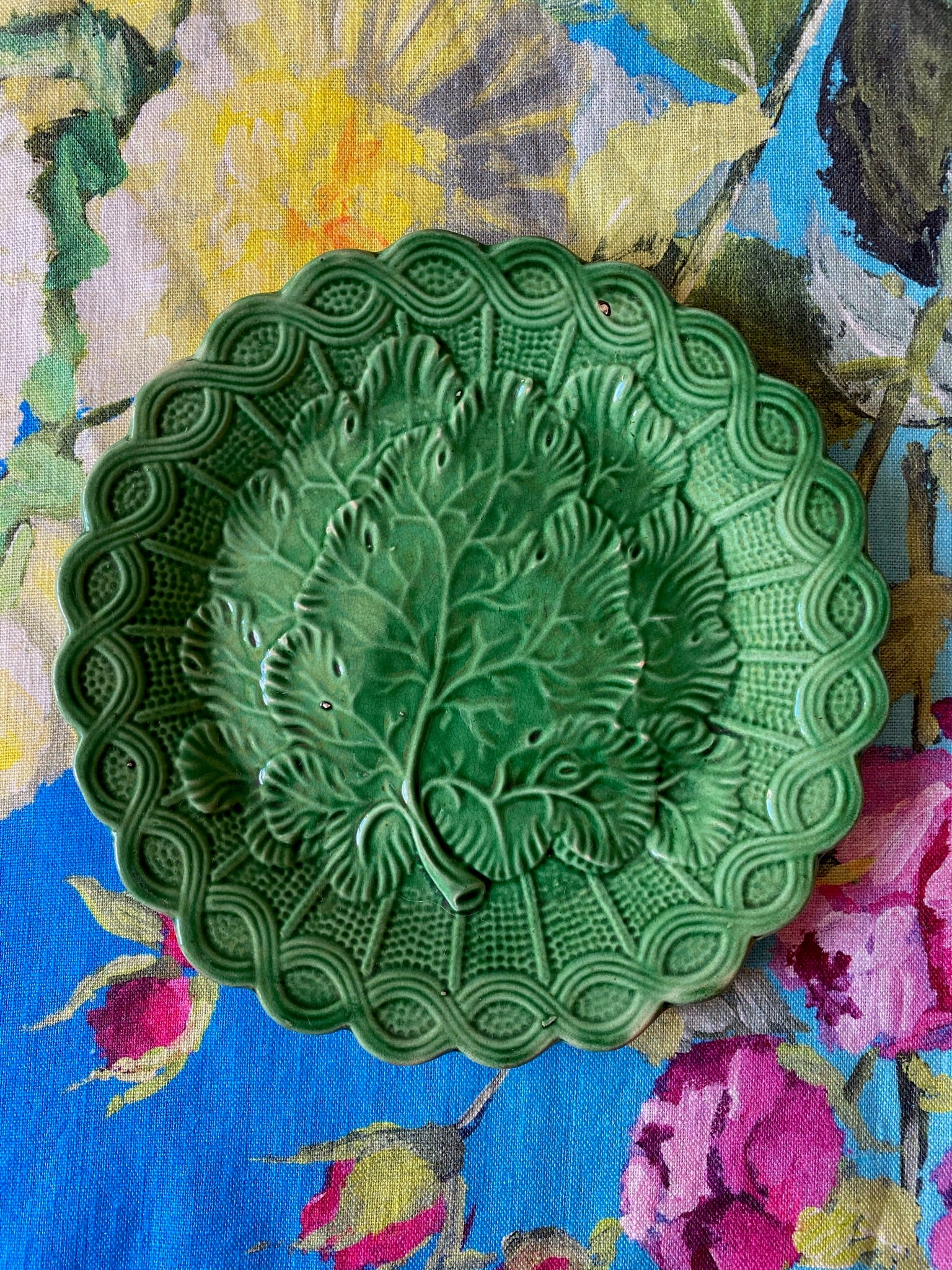 Antique Green Majolica Grape Leaves & Scalloped Basket Plate
