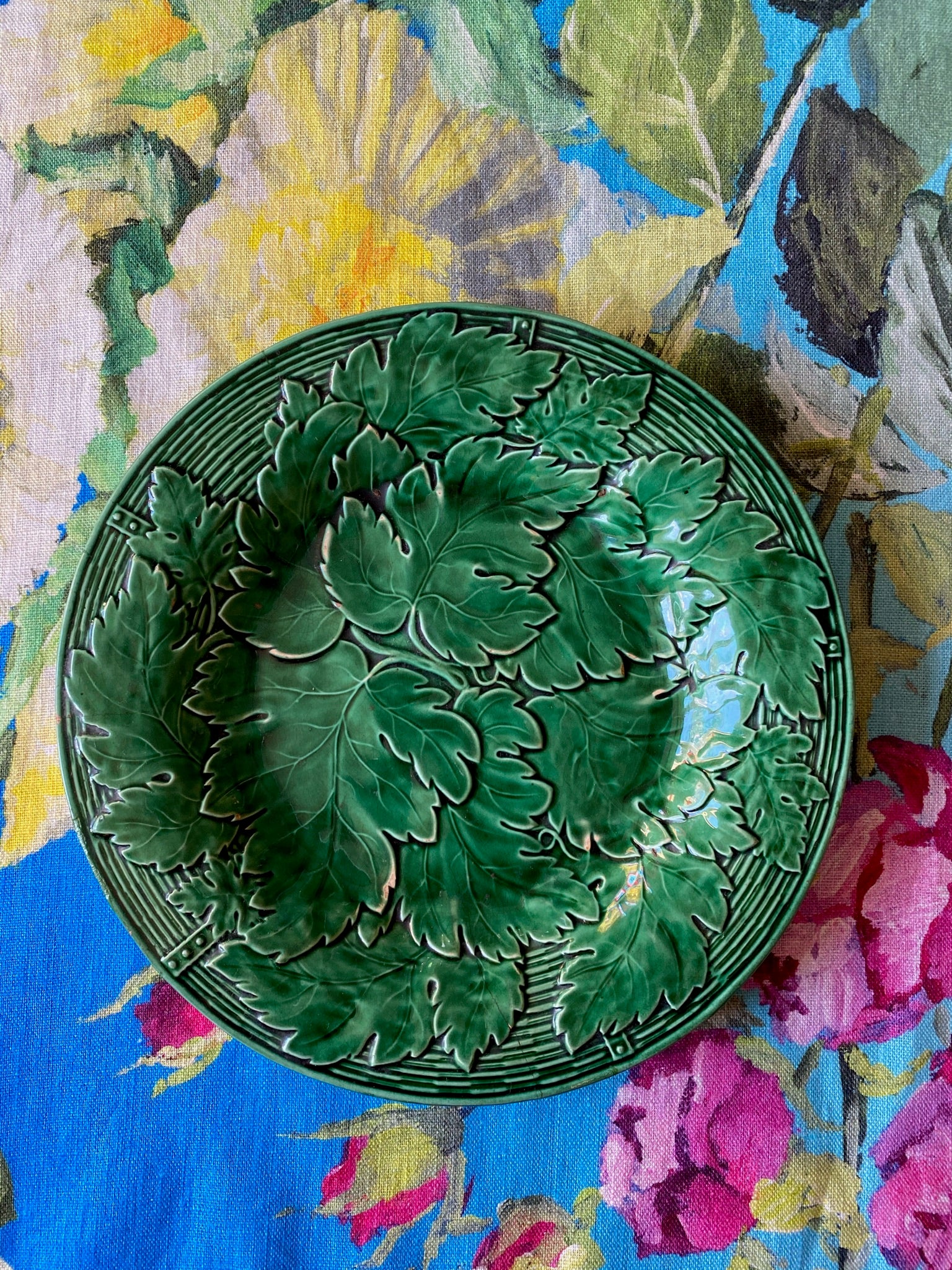 Antique Davenport Green Majolica Grape Leaf & Basket Set of 3 Plates