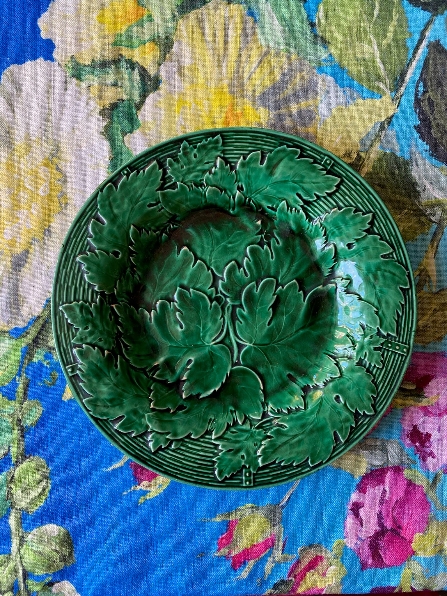 Antique Davenport Green Majolica Grape Leaf & Basket Set of 3 Plates