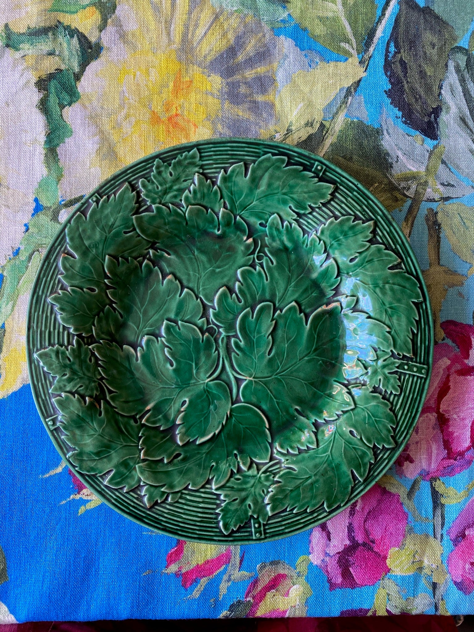 Antique Davenport Green Majolica Grape Leaf & Basket Set of 3 Plates