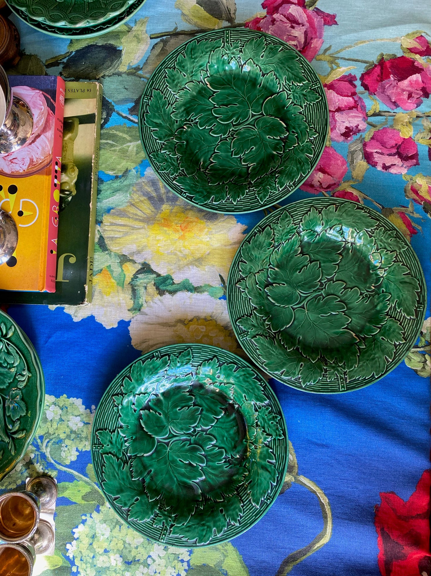 Antique Davenport Green Majolica Grape Leaf & Basket Set of 3 Plates