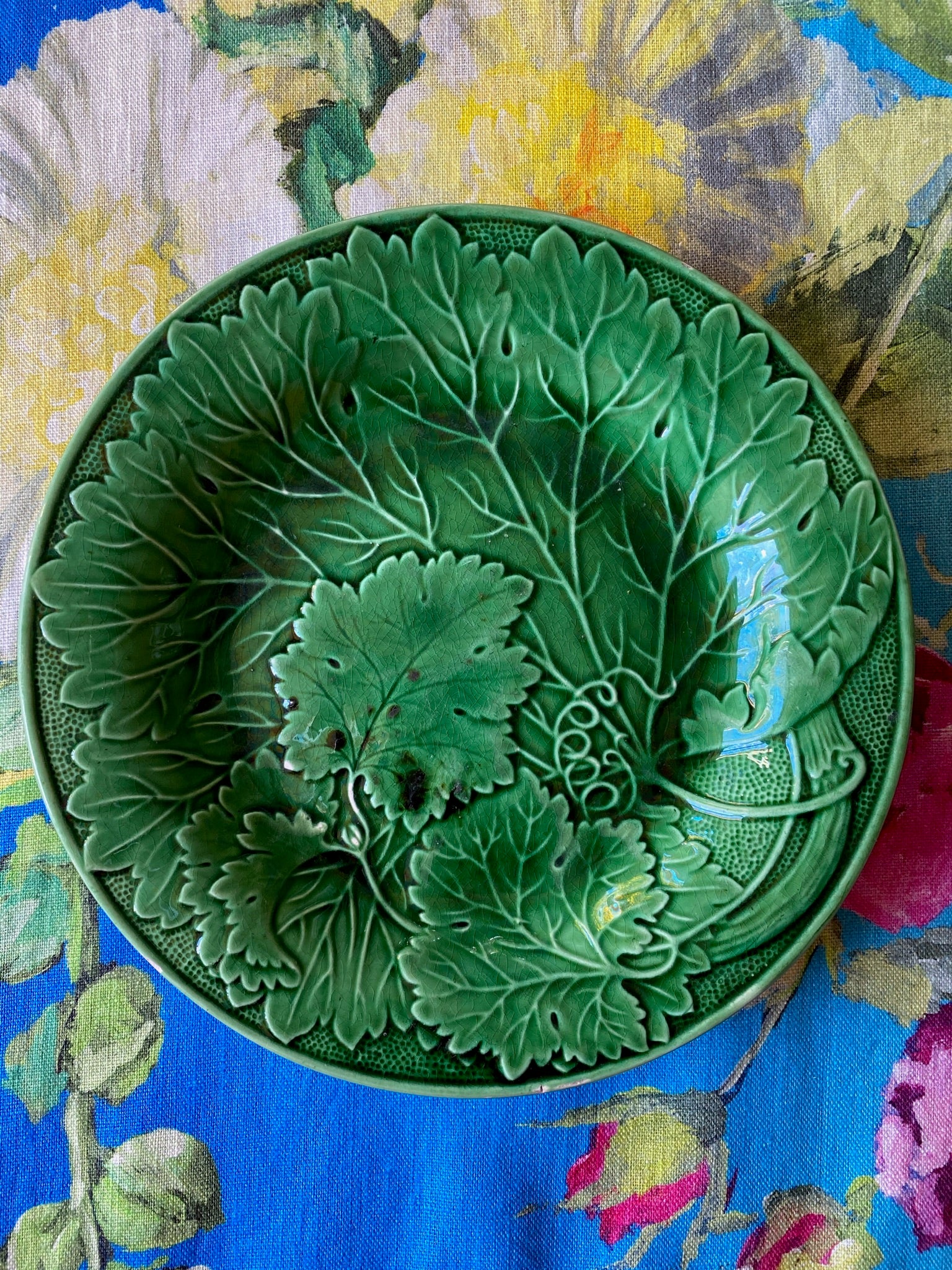 Pair of Antique Green Majolica Grapevine & Dots Plates