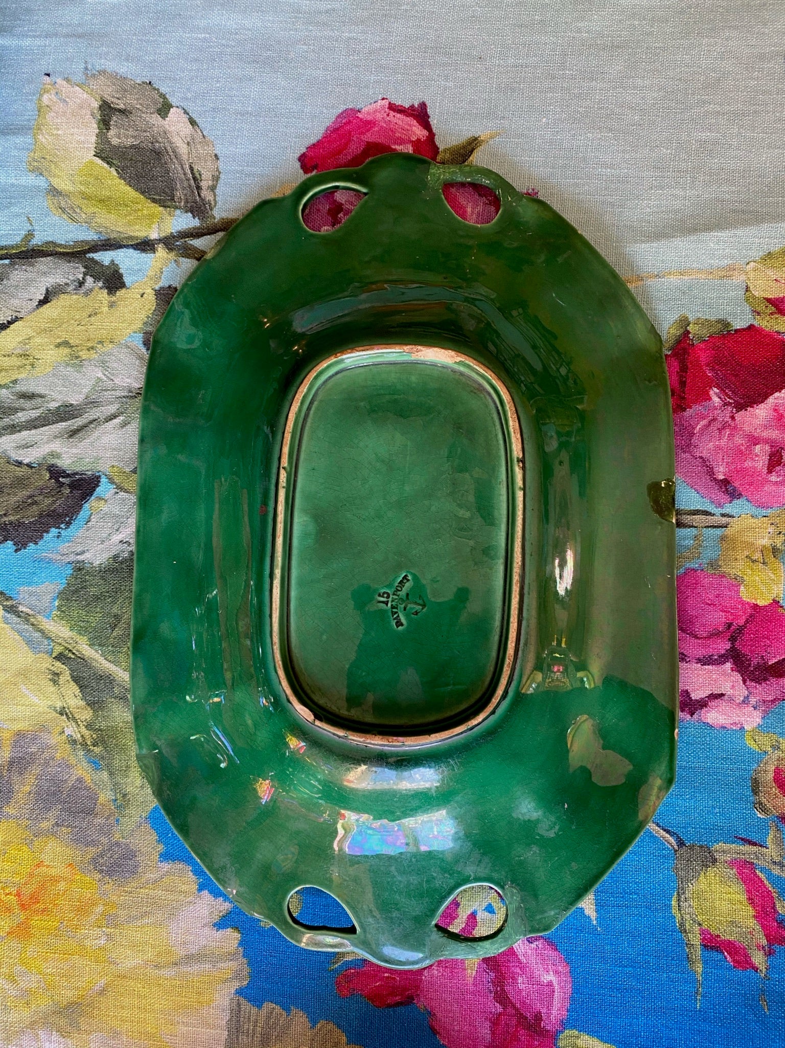 Antique Davenport Green Majolica Grapevine & Basket Serving Plate