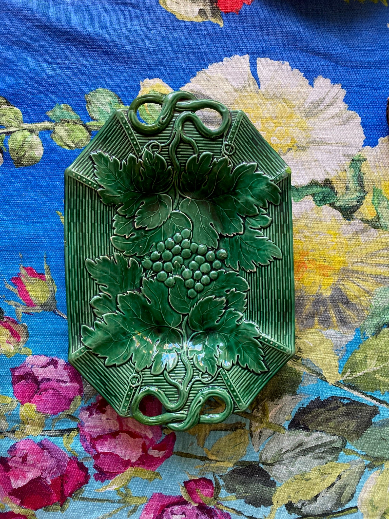 Antique Davenport Green Majolica Grapevine & Basket Serving Plate