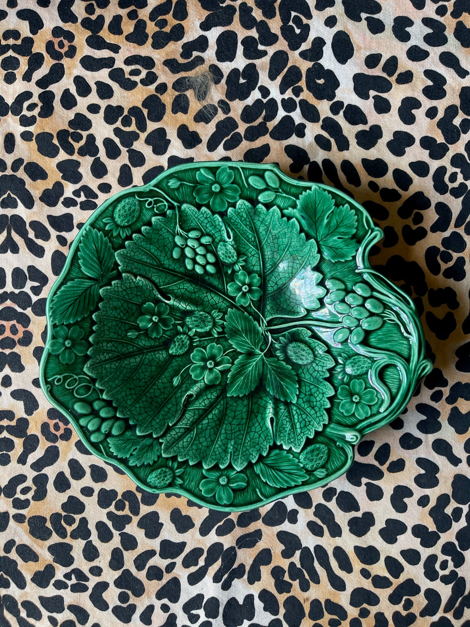 Antique Green Majolica Strawberry & Grape Bowl