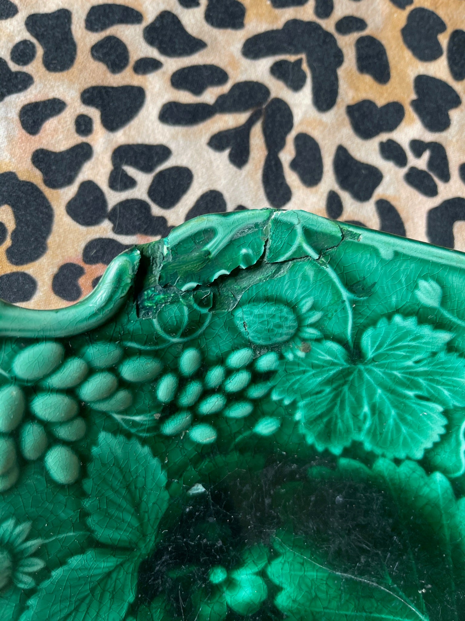 Antique Green Majolica Strawberry Bush Serving Dish