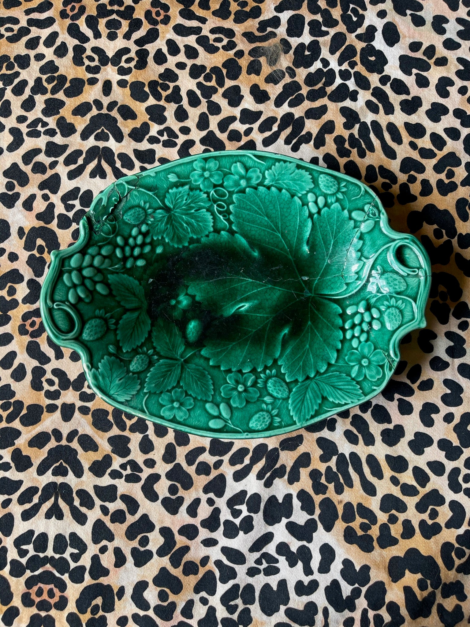 Antique Green Majolica Strawberry Bush Serving Dish