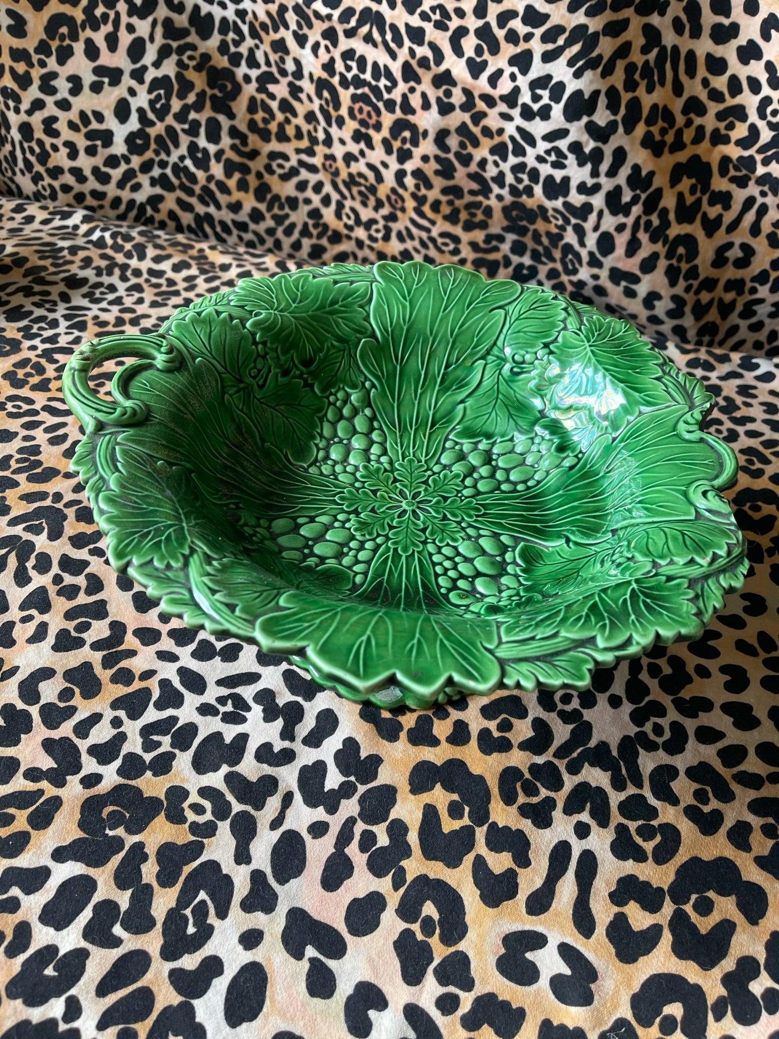 Antique Green Majolica Grape Vine Pedestal Dish