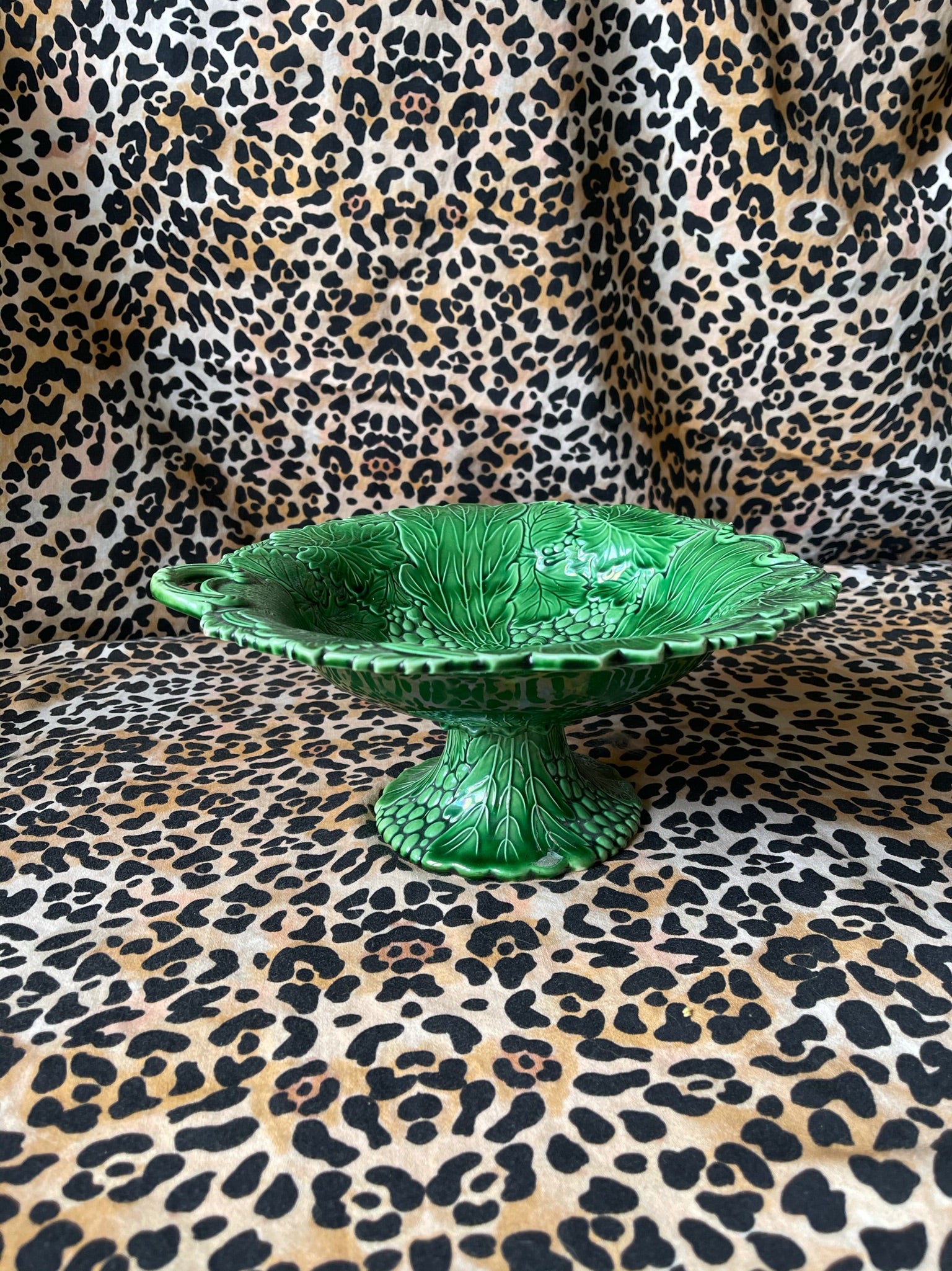 Antique Green Majolica Grape Vine Pedestal Dish