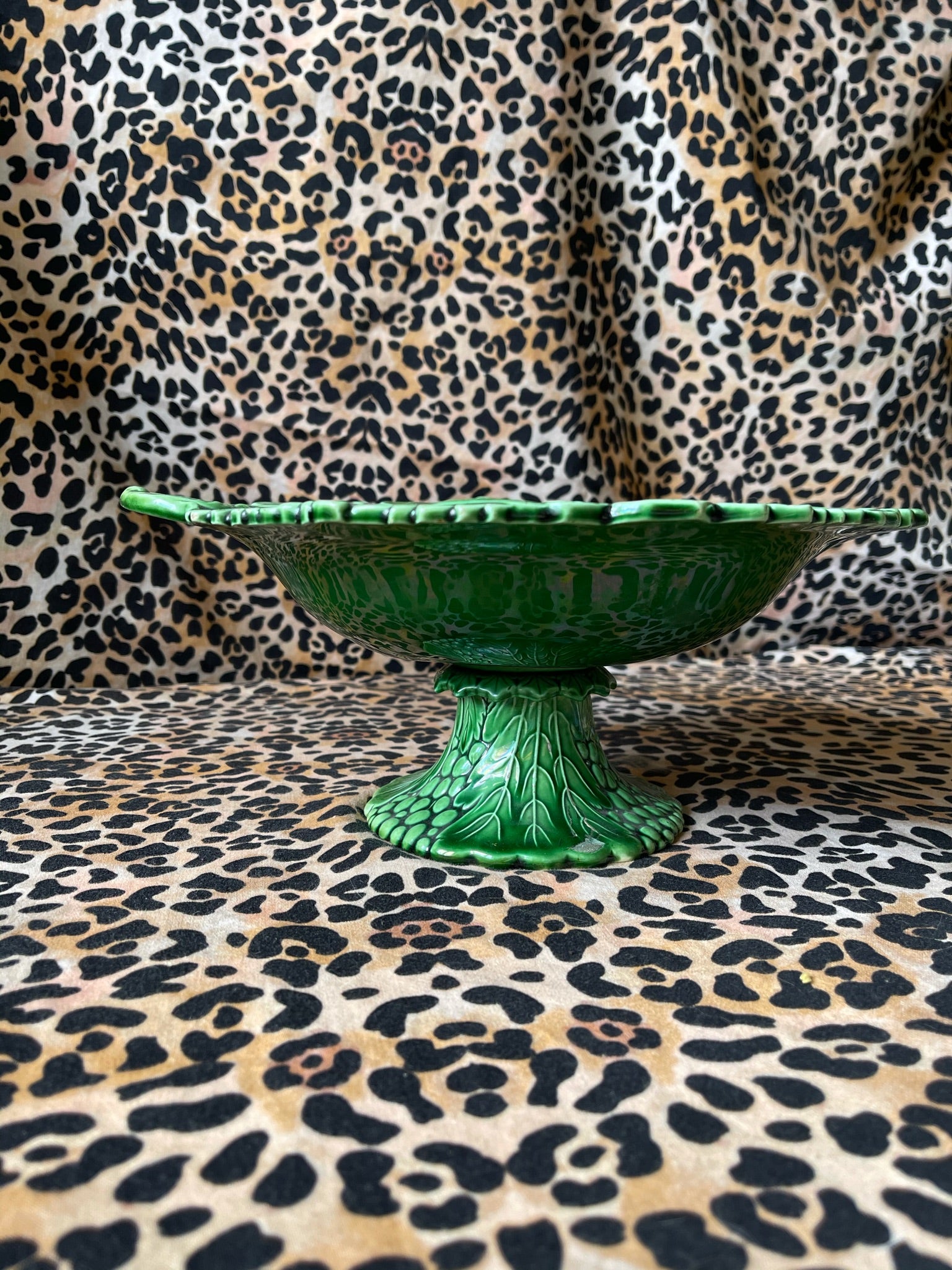 Antique Green Majolica Grape Vine Pedestal Dish